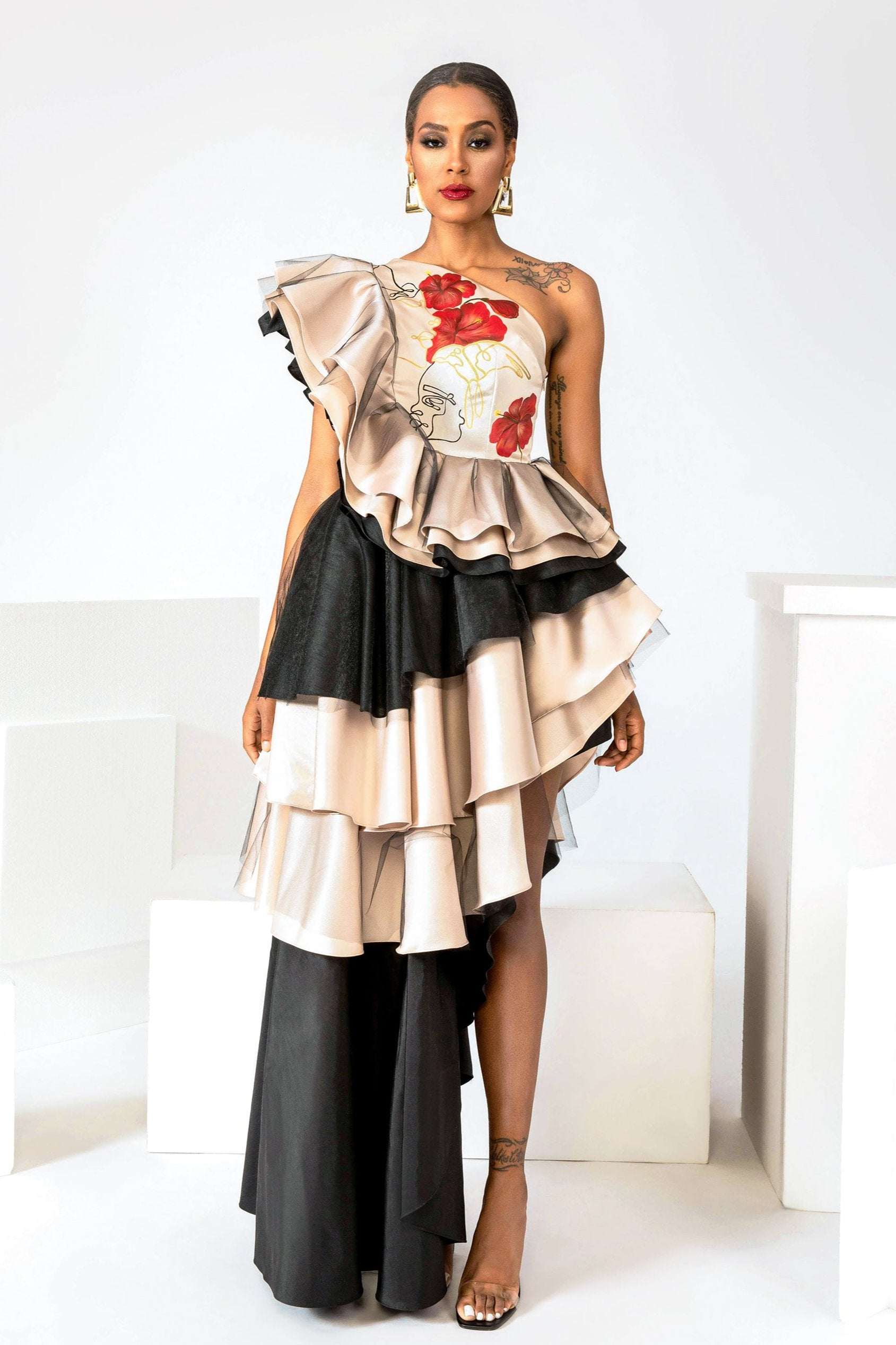 Hand-painted Peace Garden ruffled silk satin dress with black satin and taffeta ruffles on high-quality tule