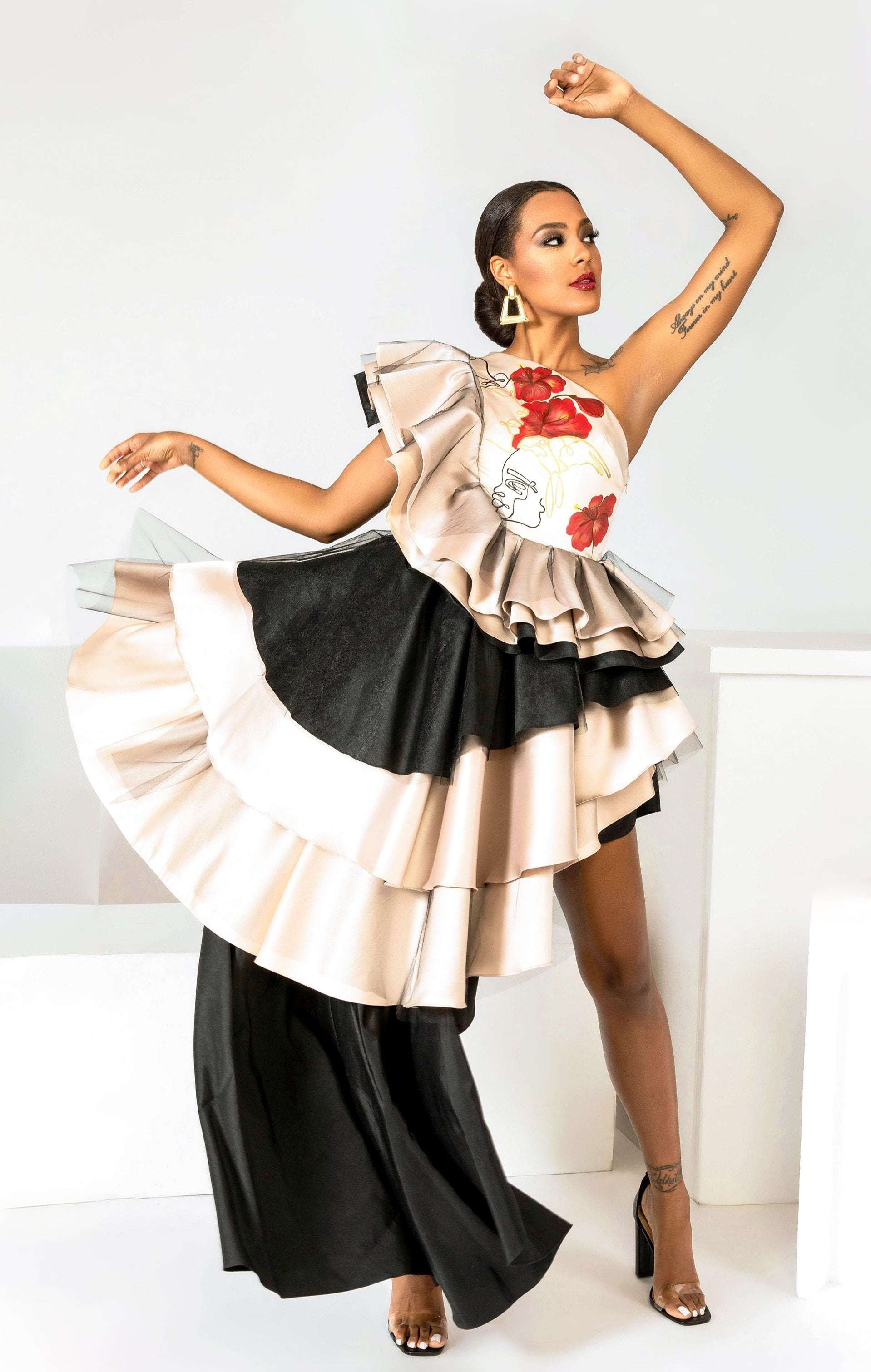 Hand-painted Peace Garden Ruffled Dress in silk satin with black satin and taffeta ruffles and tule overlay