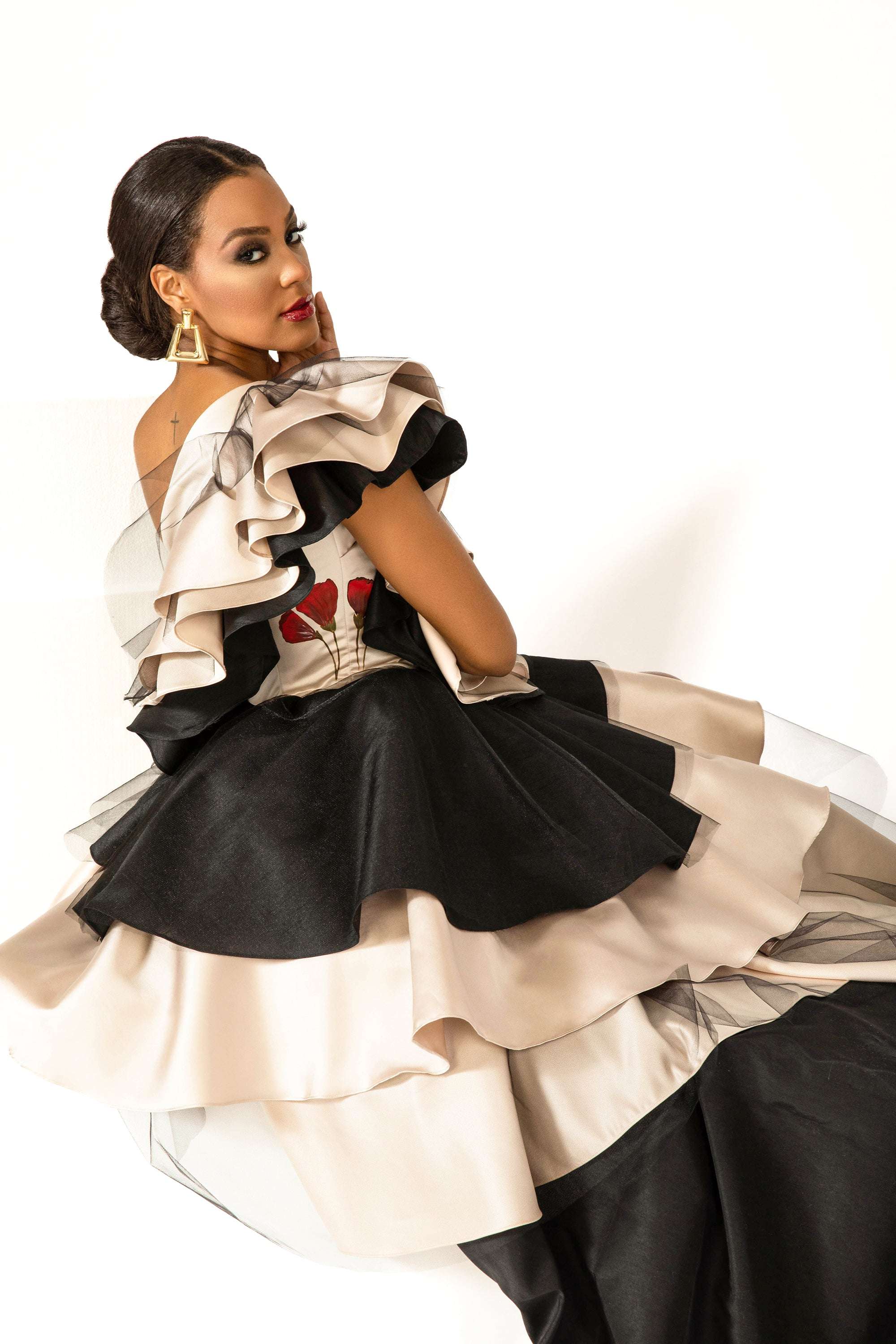 Hand-painted Peace Garden ruffled silk satin dress with black satin and taffeta ruffles on model