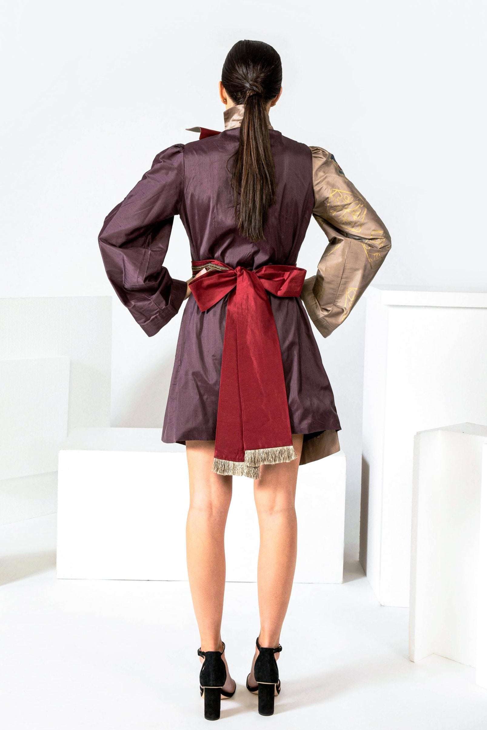 Hand-painted Garden Wall Asymmetric Jacket with crepe satin cape and A-line skirt, custom made in LA studio
