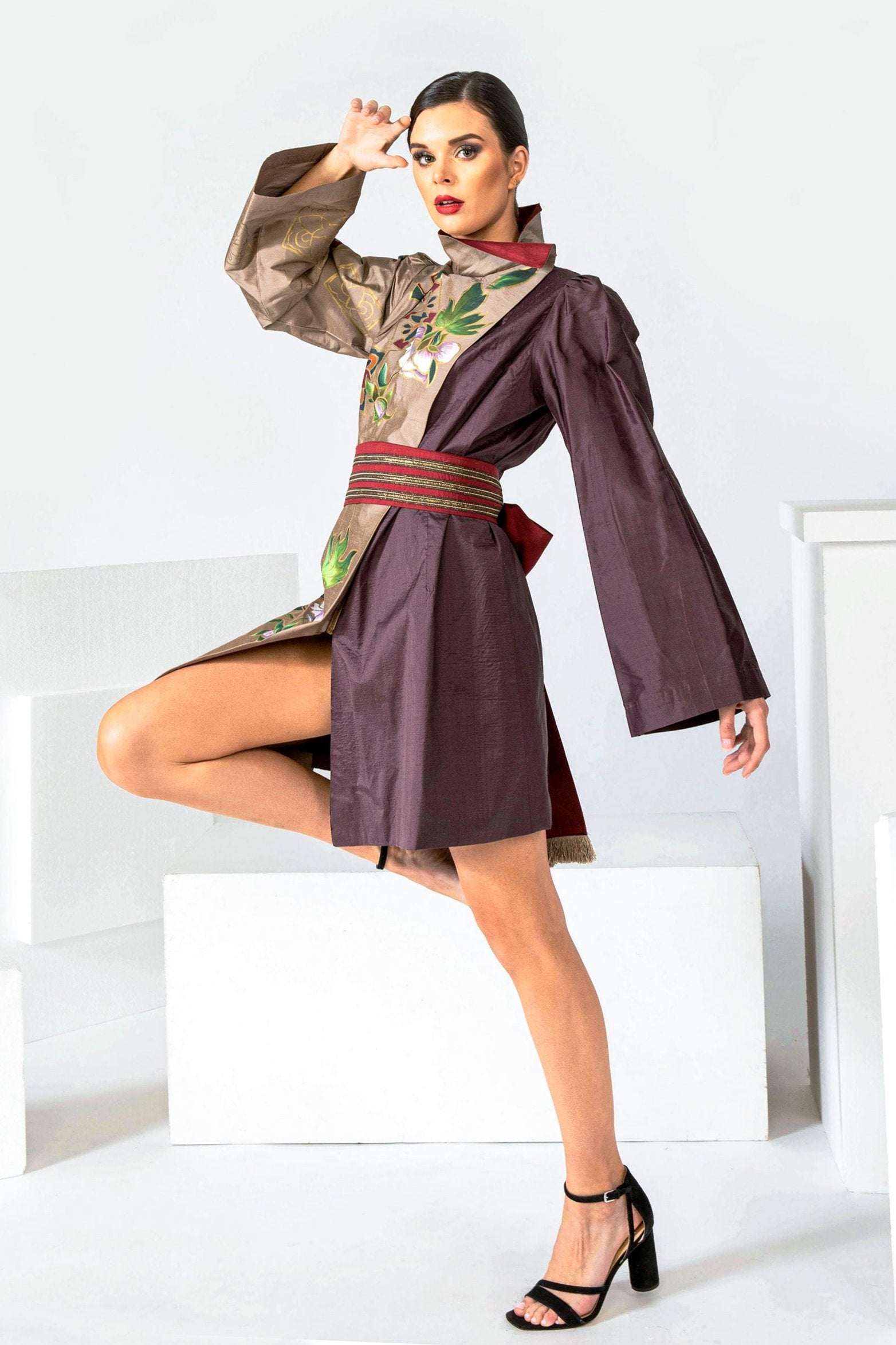 Hand-painted Garden Wall Asymmetric Jacket with crepe satin cape and A-line skirt, custom-made in LA studio