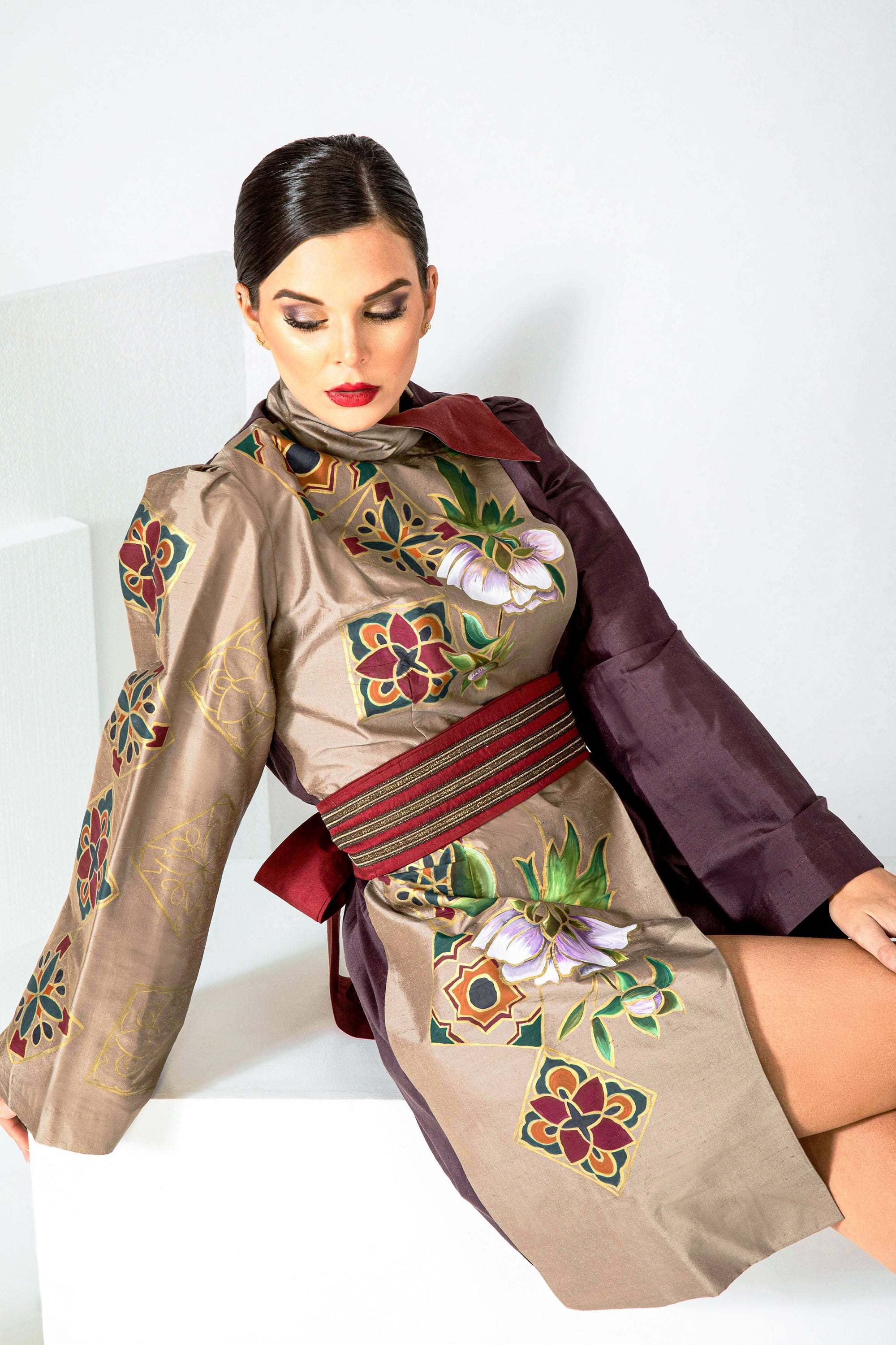 Hand-painted Garden Wall Asymmetric Jacket with crepe satin cape and A-line skirt, custom-made in LA studio