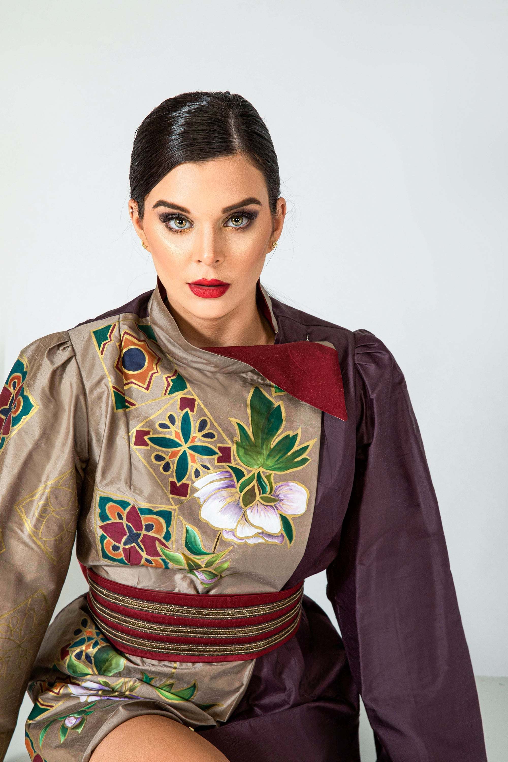 Hand-painted Garden Wall Asymmetric Jacket with crepe satin cape and A-line skirt, custom-made in LA studio