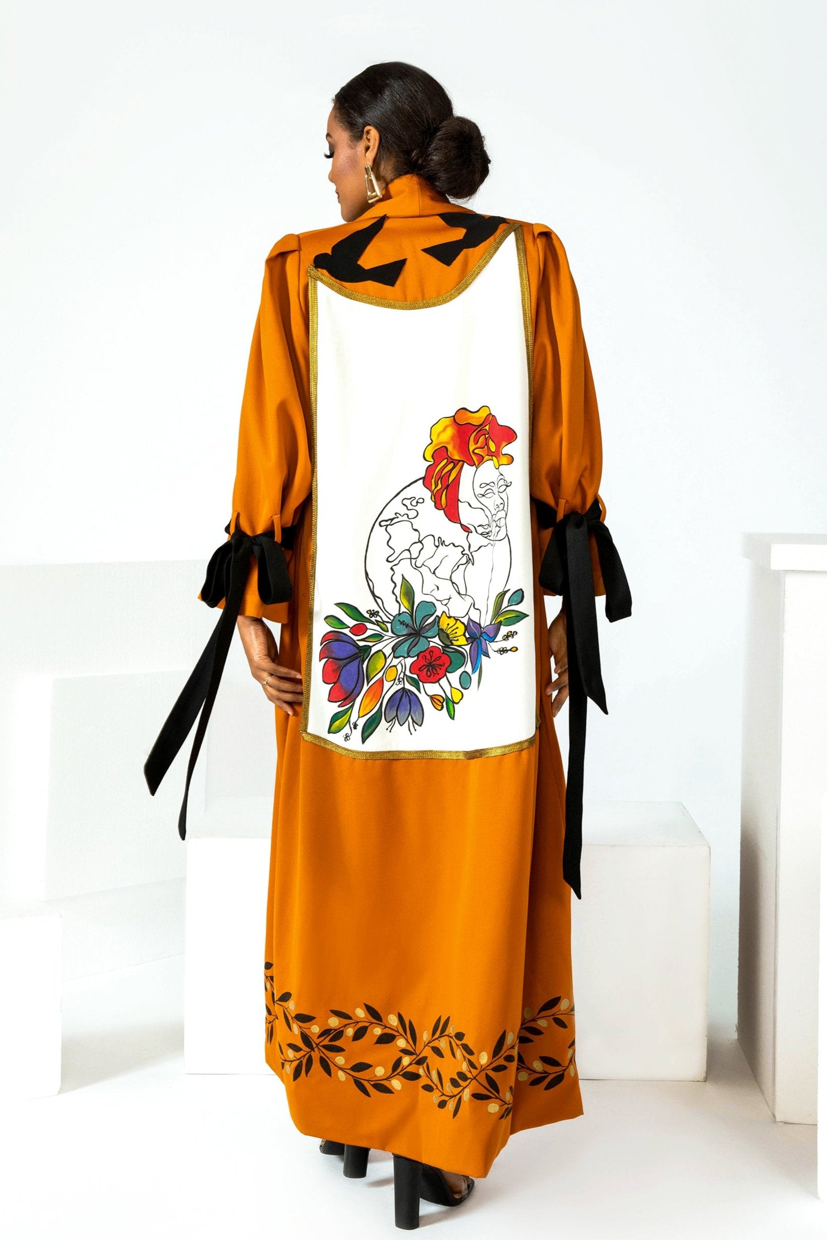 Hand-painted Peace Message to the World long crepe coat made in LA studio