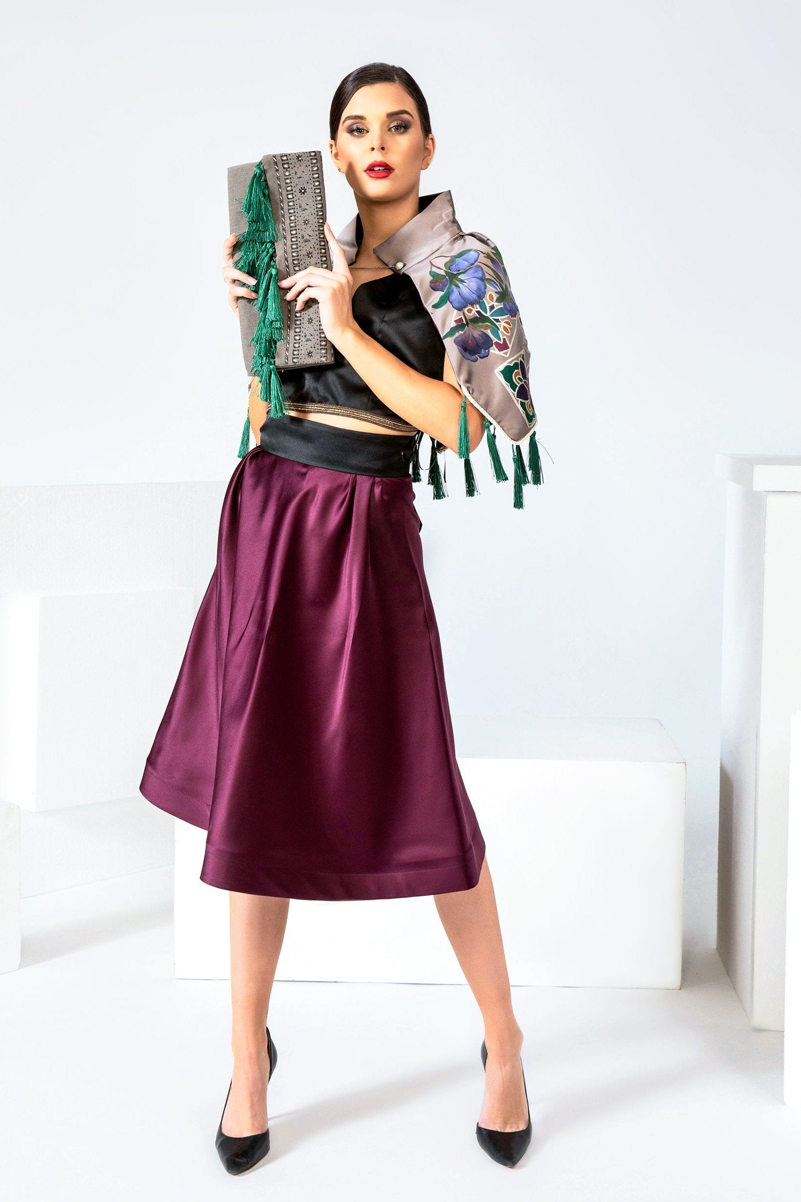 Hand-painted Flower Garden Stand Collar Cape with A-line skirt and black satin top, custom-made in Los Angeles studio