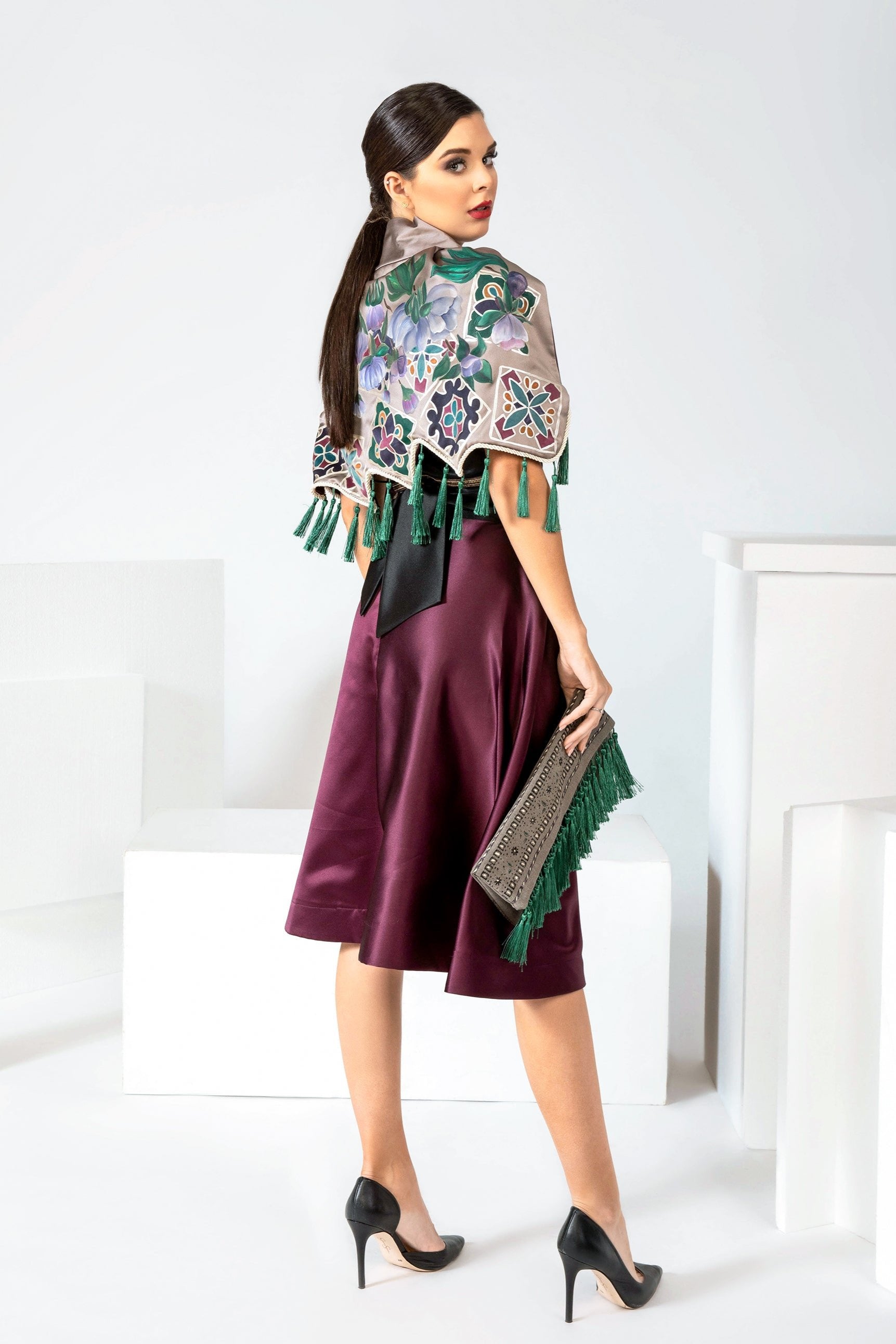 Hand-painted Flower Garden Stand Collar Cape with A-line skirt and black satin top made in LA studio