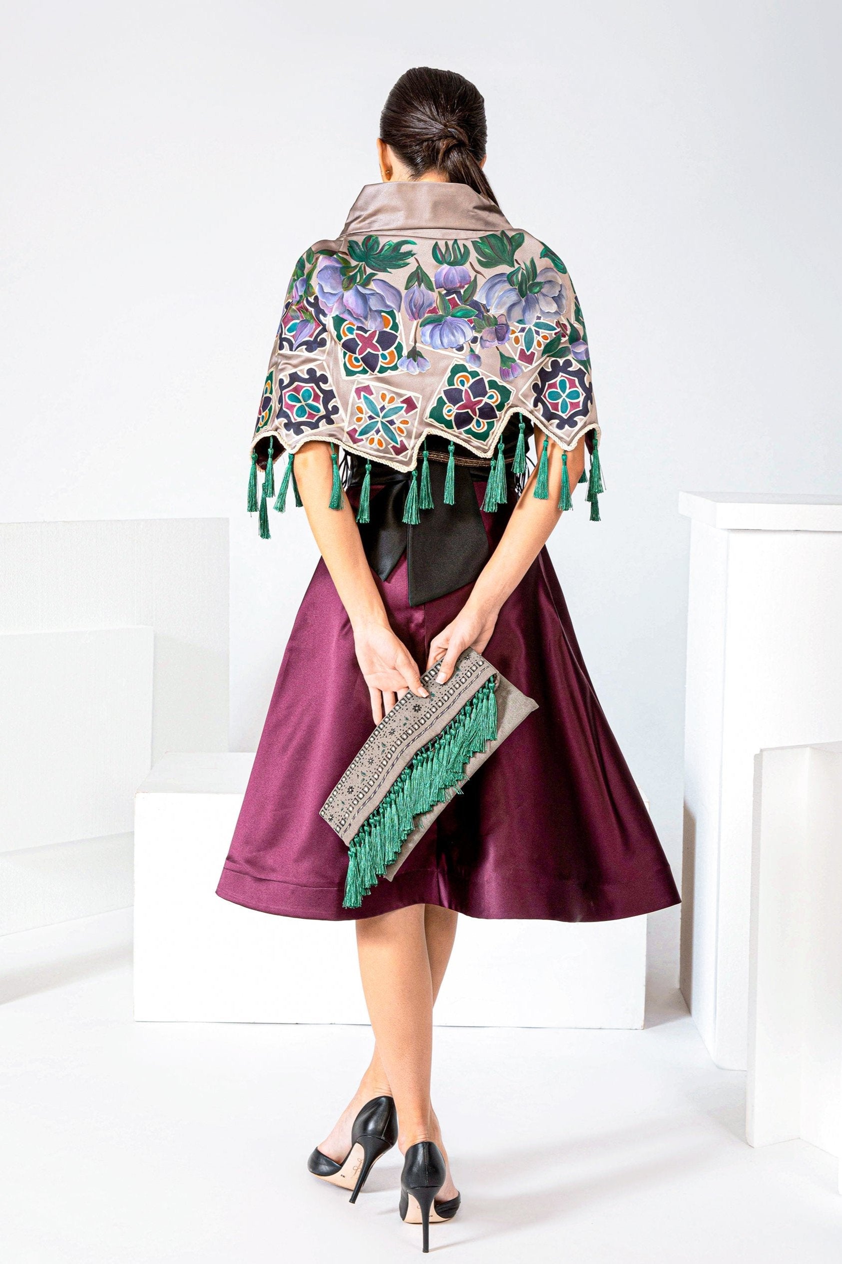 Hand-painted Flower Garden Stand Collar cape and A-line skirt, handmade in LA studio