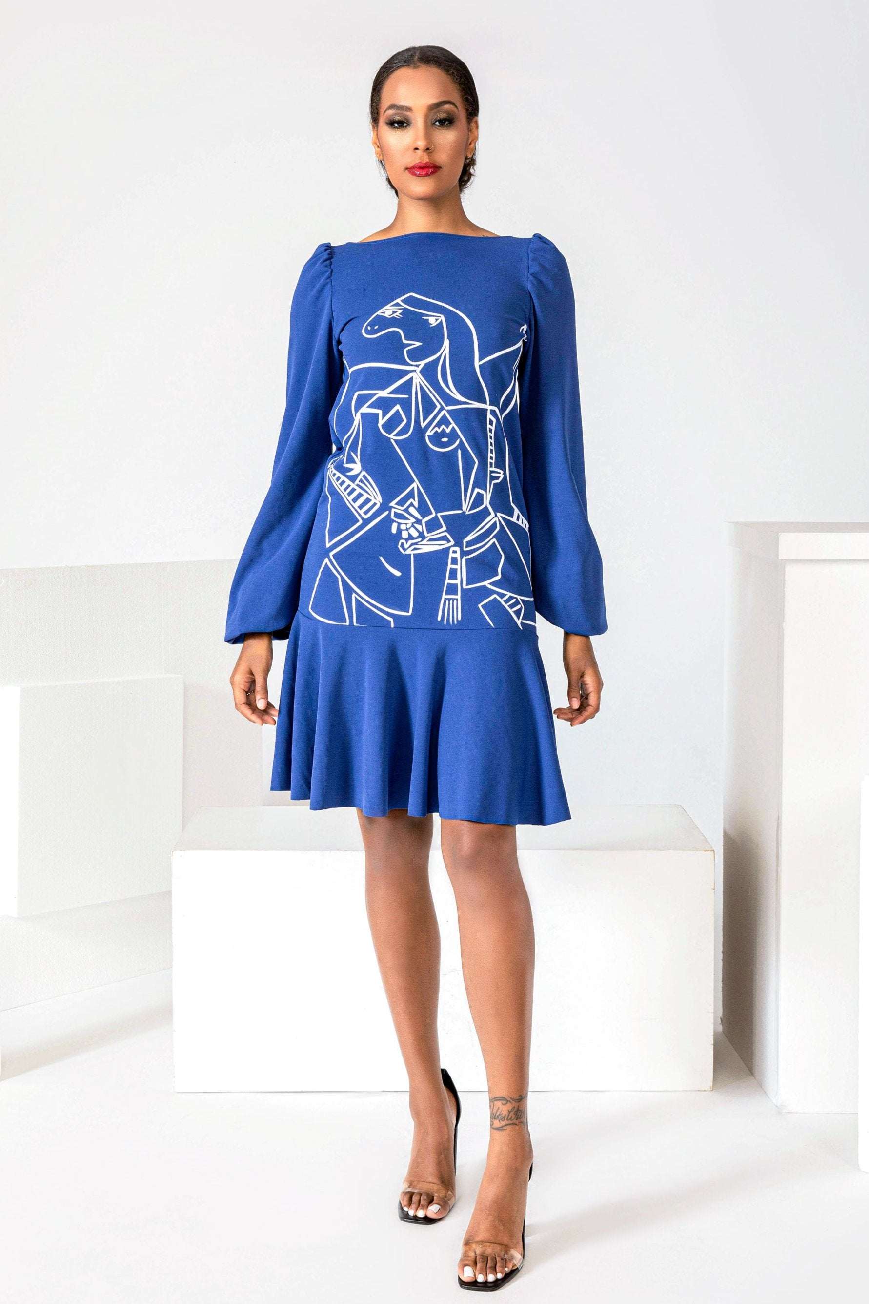Blue King long sleeve flare dress hand-painted on stretch crepe fabric
