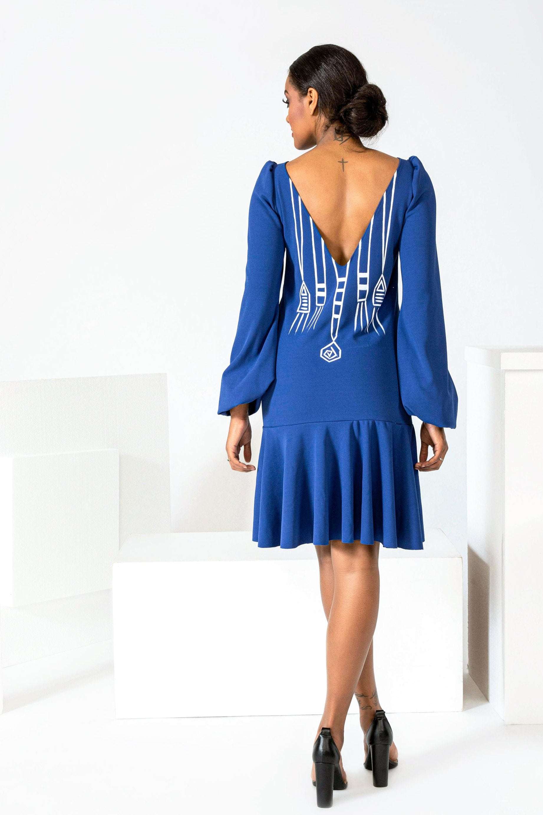 Hand-painted Blue King long sleeve flare dress on model
