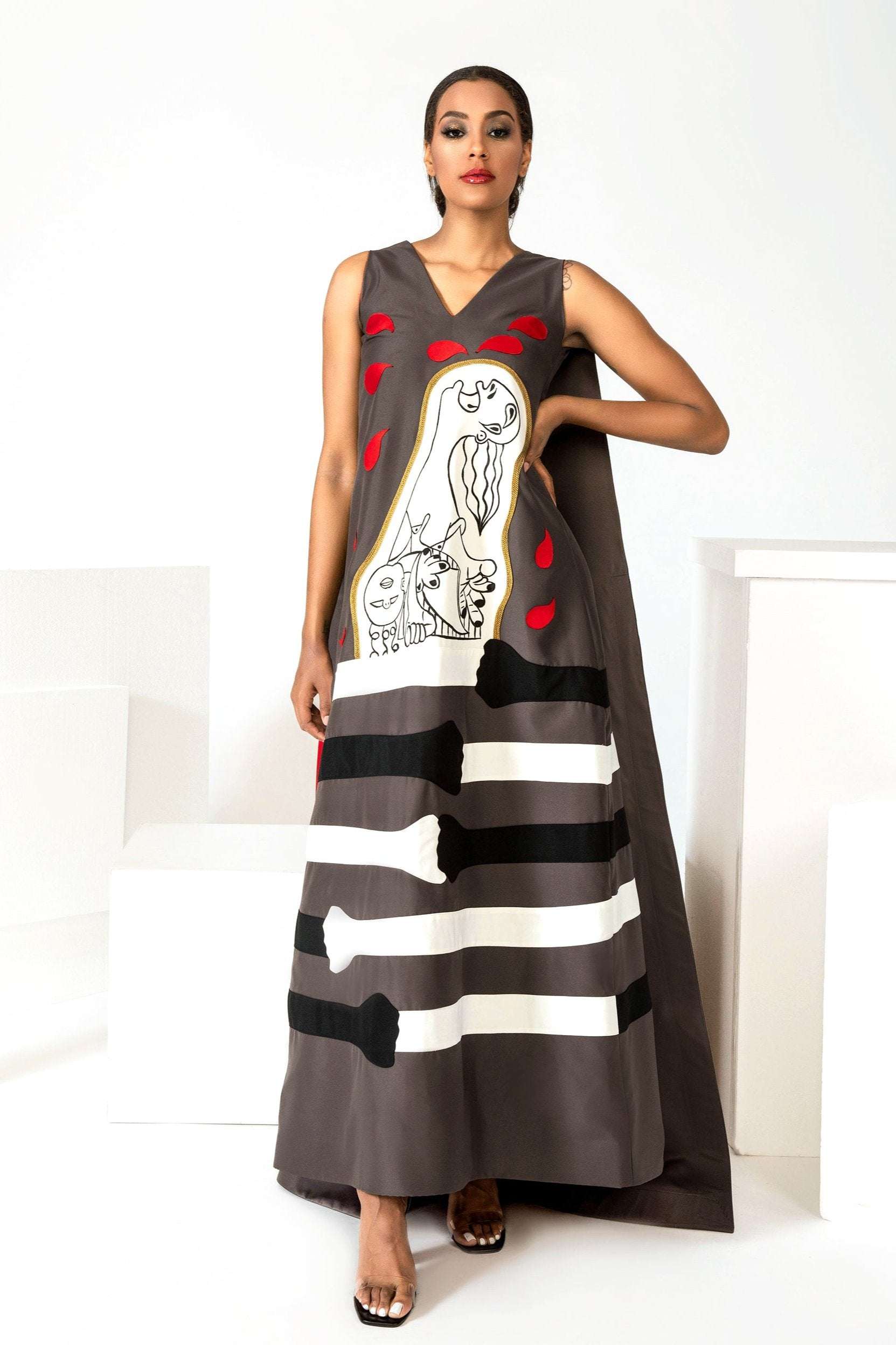 Hand-painted Crying Woman for Peace gown in high-quality crepe satin with removable train