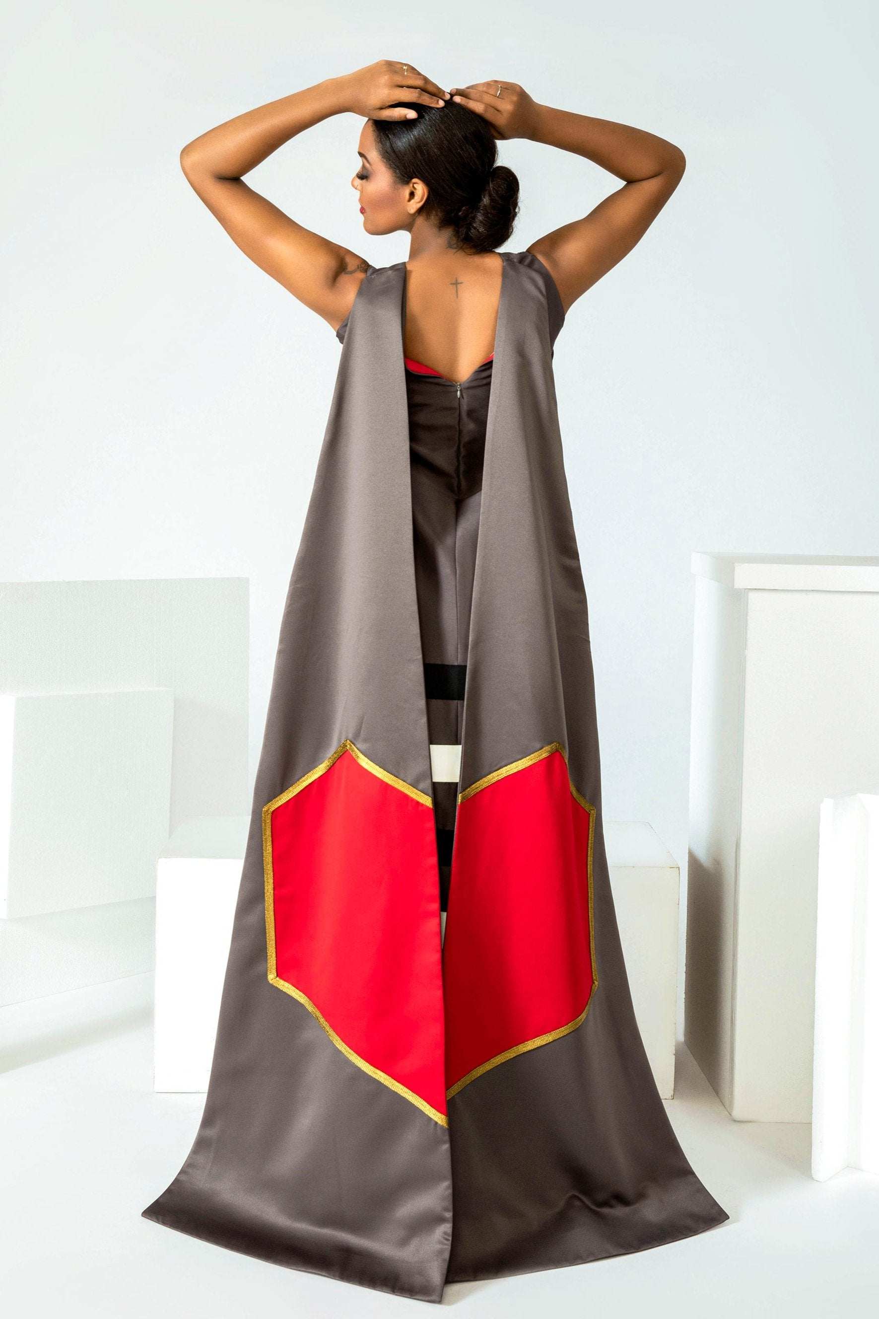 Hand-painted Crying Woman for Peace long crepe satin dress with removable train handcrafted in LA studio