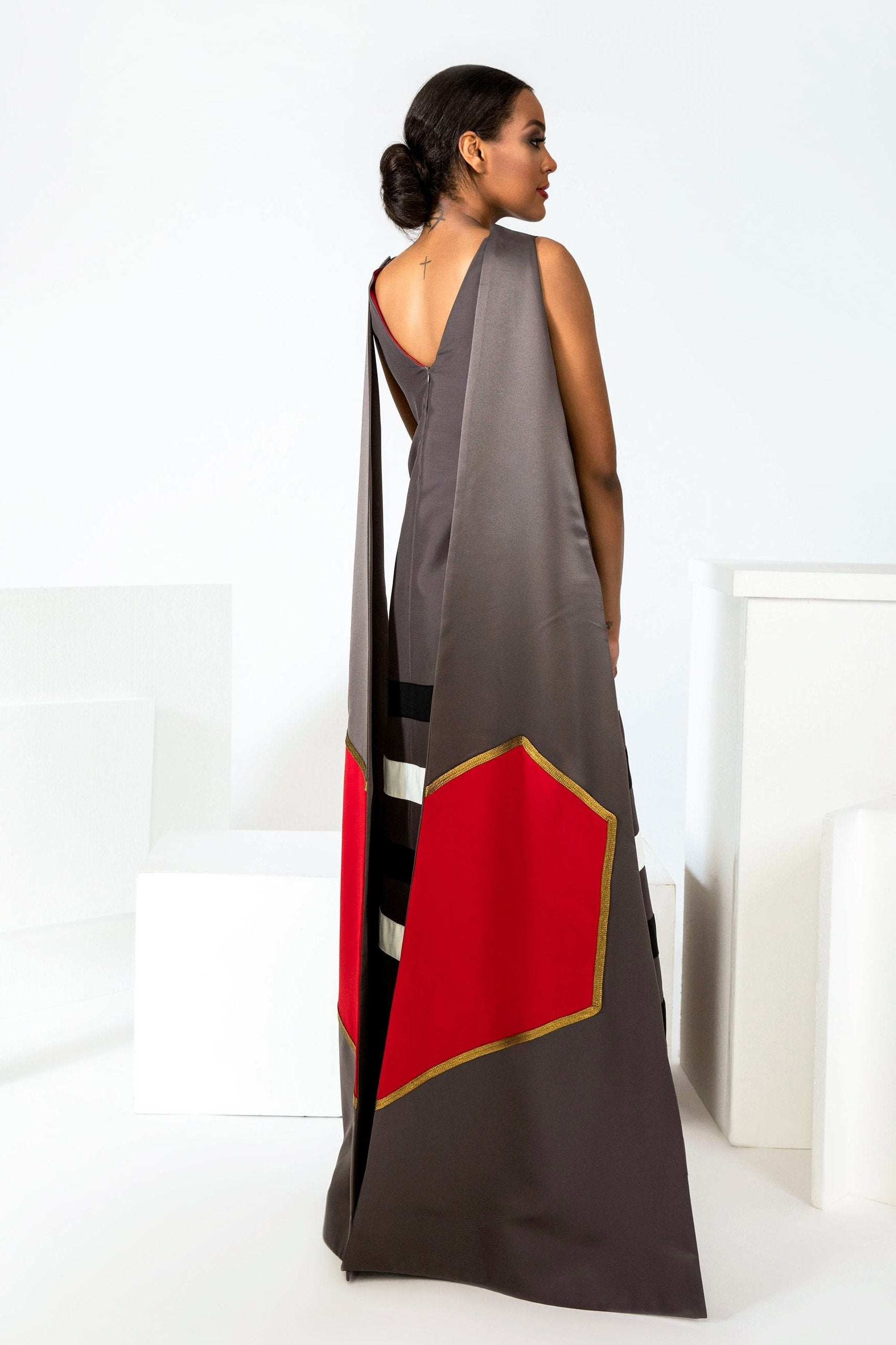 Hand-painted Crying Woman for Peace crepe satin gown with removable train handcrafted in LA studio