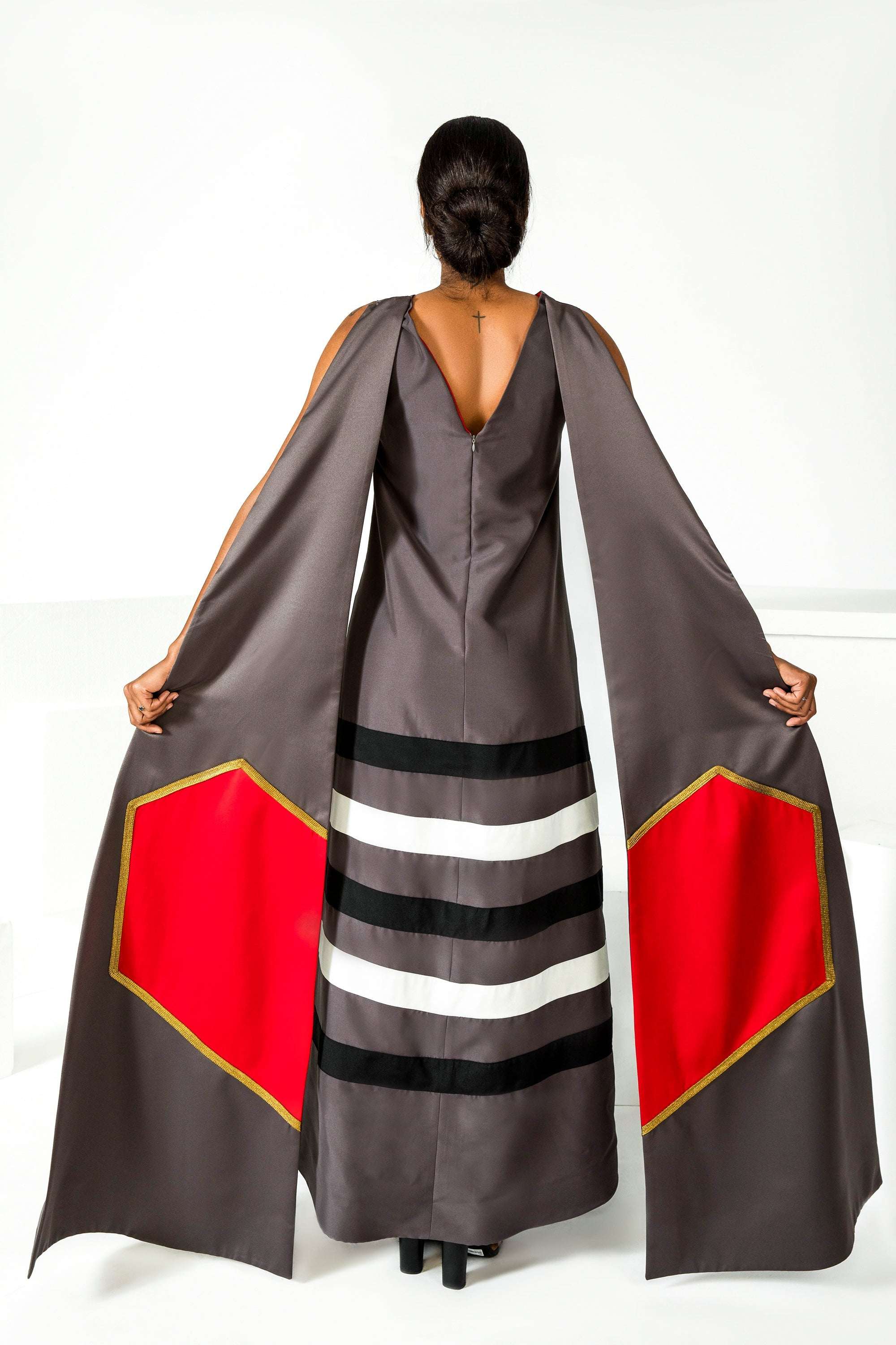 Hand-painted Crying Woman for Peace dress on crepe satin with removable train