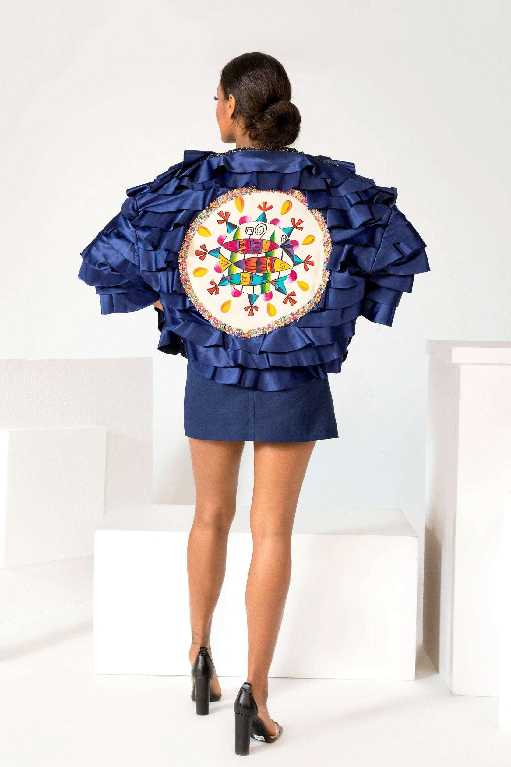 Hand-painted Fish Pound Ruffled Jacket with beads, handmade in LA studio