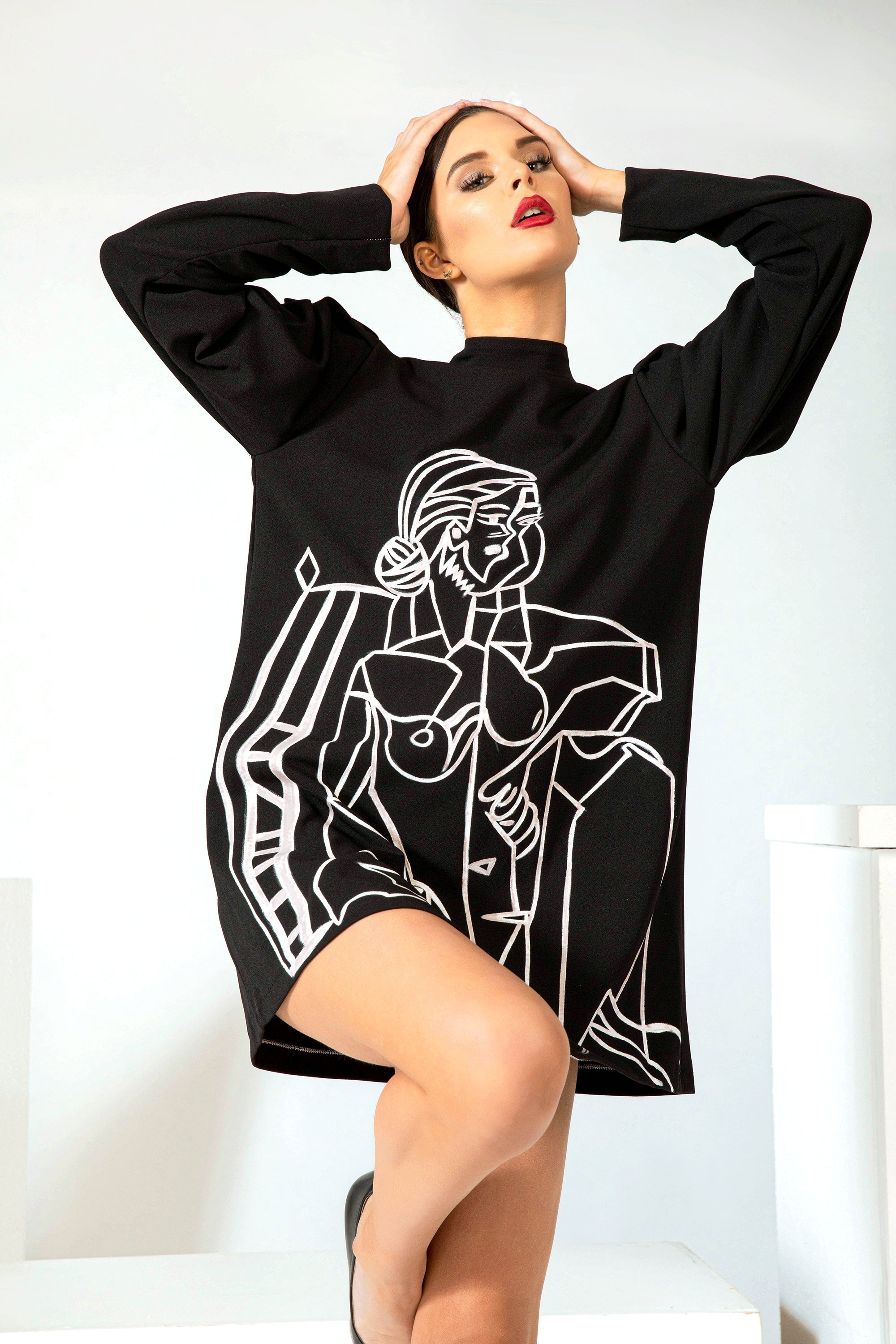 Women hand painted high neck mini dress in black with queen design, handmade in LA studio
