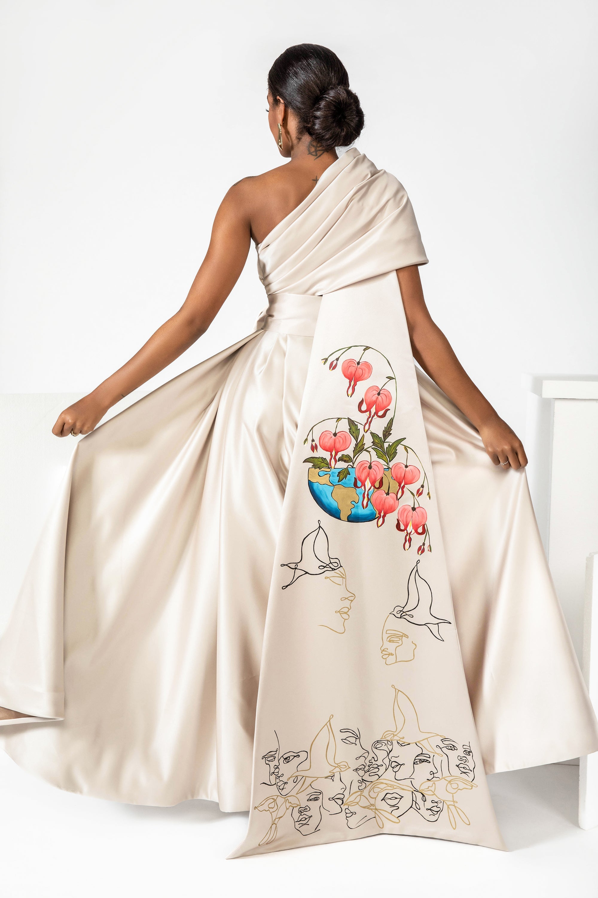 Hand-painted Bleeding Hearts in Peace one-shoulder silk satin gown with removable train