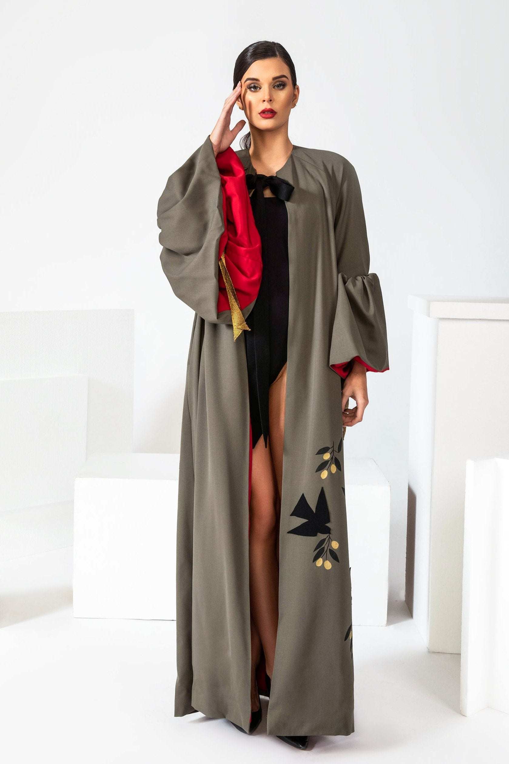 Hand-painted Peace Gift to the World long coat made of high-quality crepe, custom tailored in LA studio