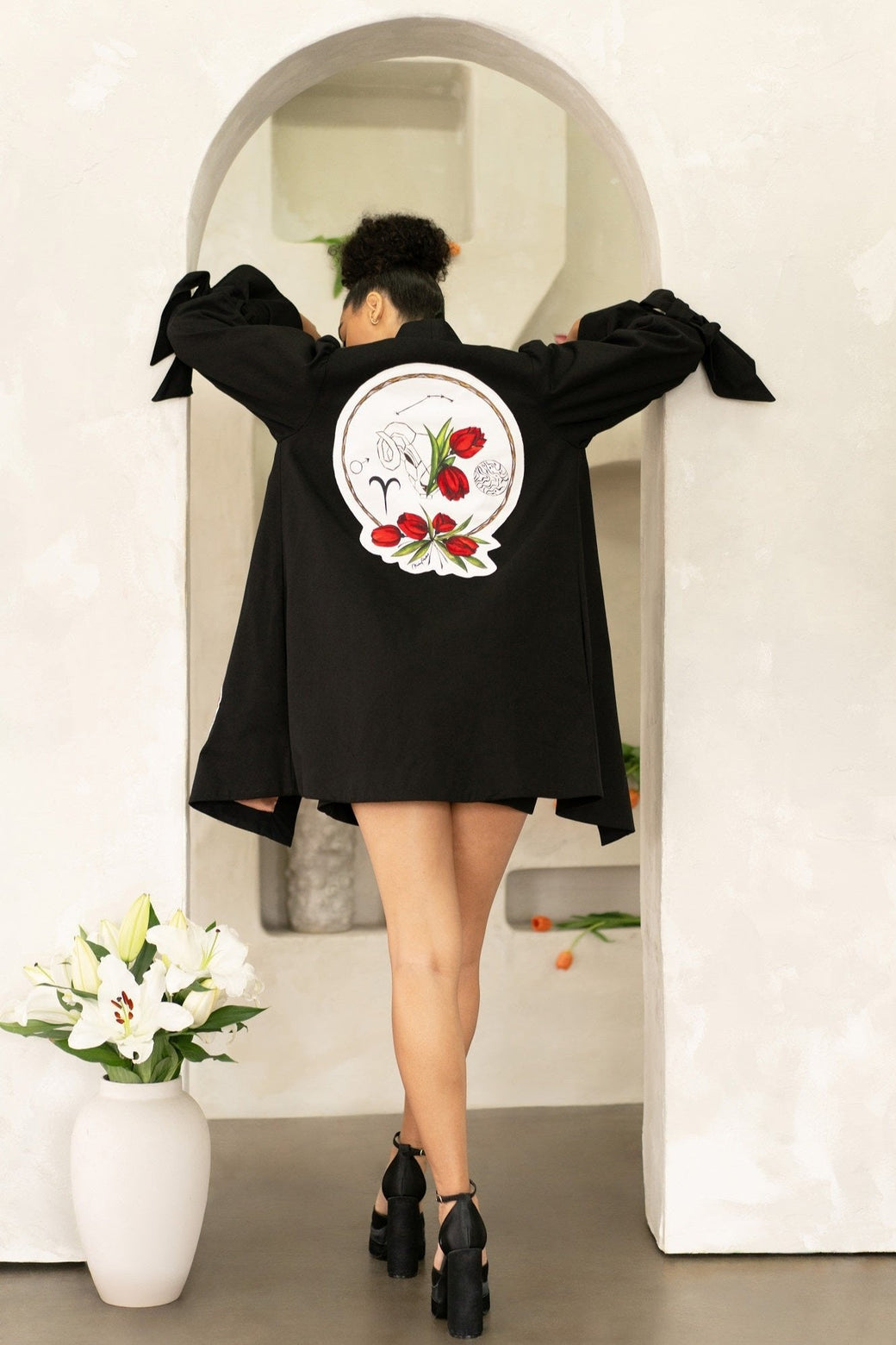 Women Aries Zodiac jacket with hand-painted astrology patches and cotton twill fabric