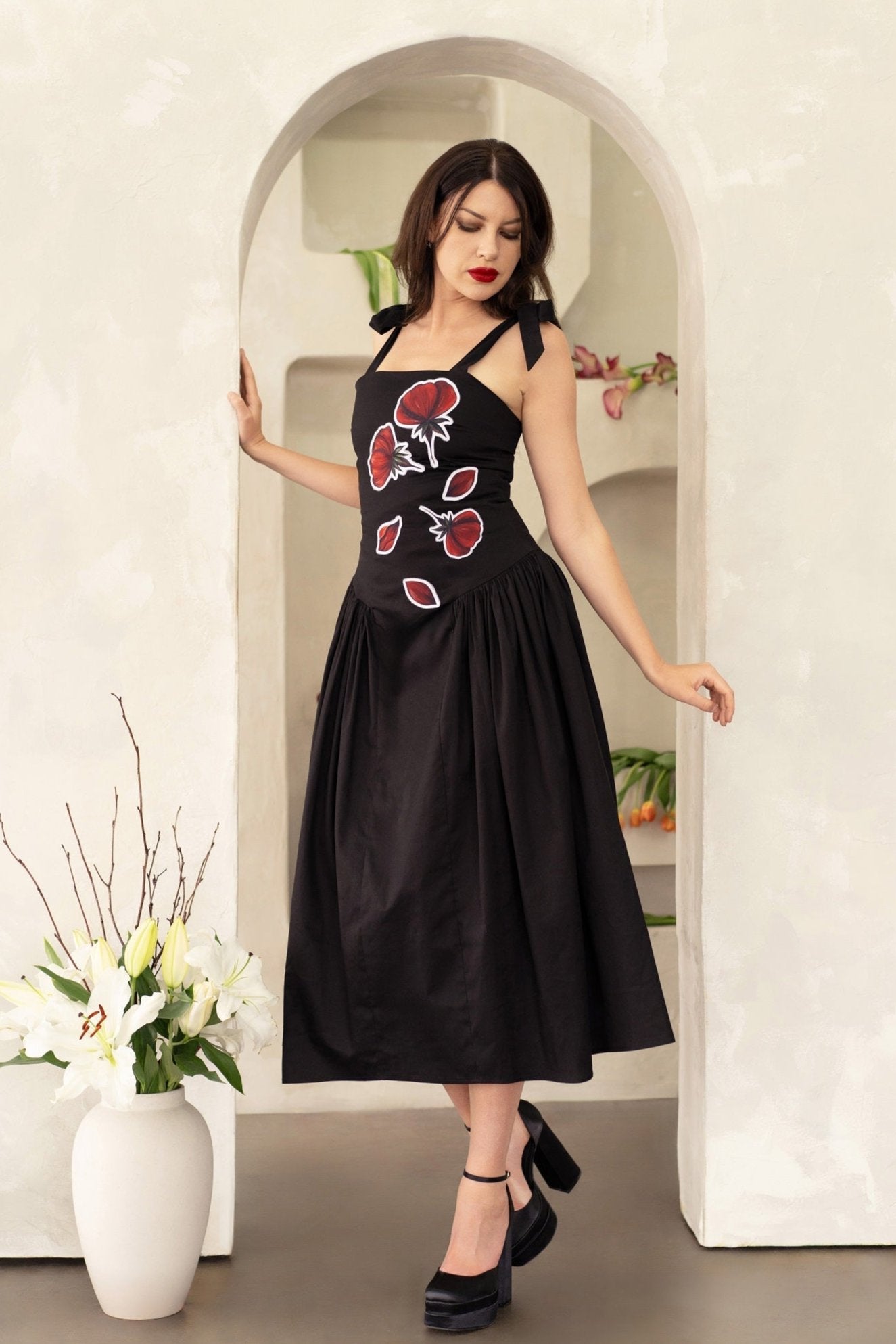 Women Midi Dress- Peace Blossoms Elegant Floral Dress with hand-painted red floral print and gathered side skirt