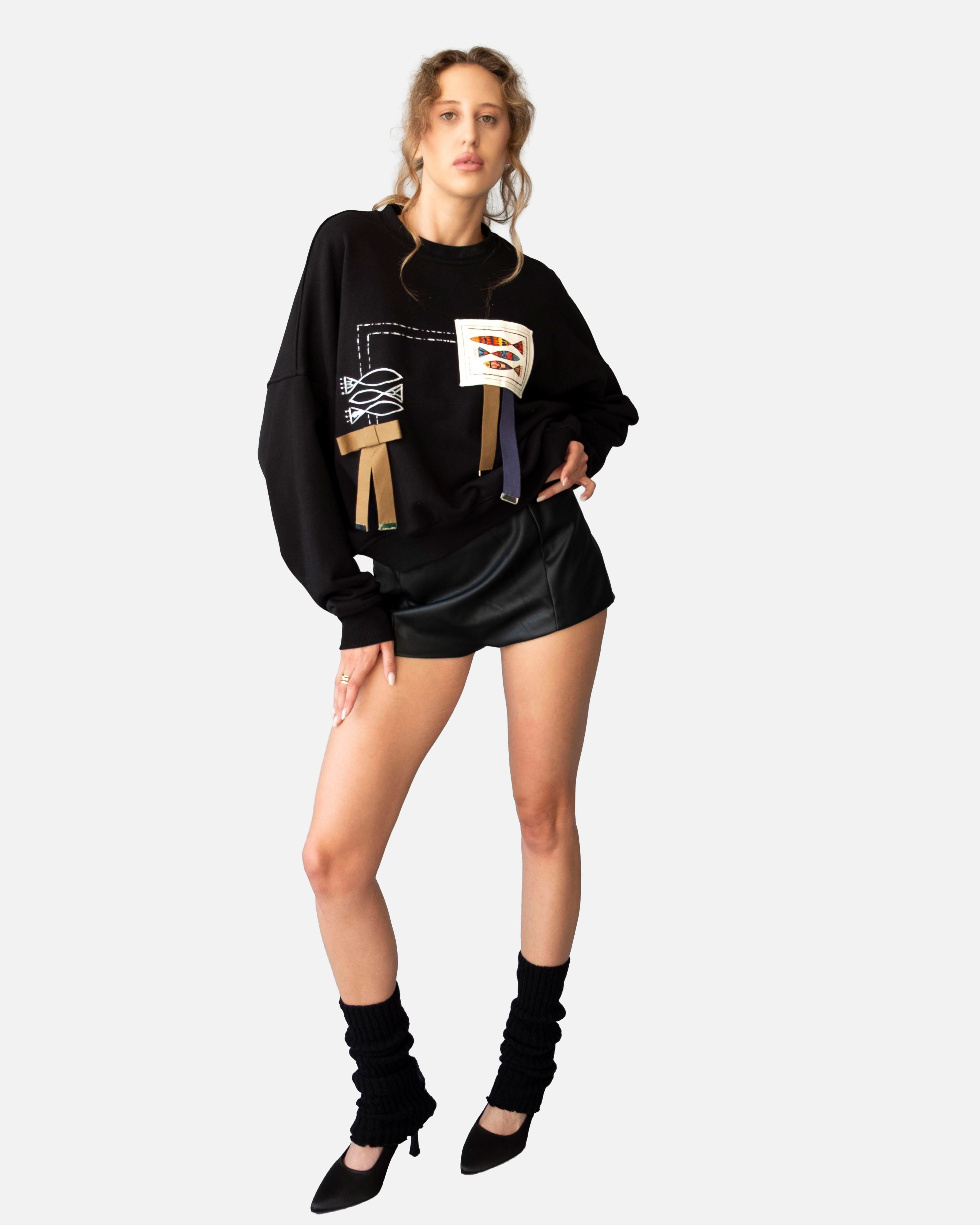 Hand-Painted Fish Crewneck cropped cotton crewneck with artistic fish motifs and ribbon details by MA DEZIGN