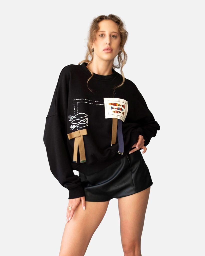 Hand-Painted Fish Crewneck cropped cotton crewneck with artistic fish motifs and ribbon details by MA DEZIGN