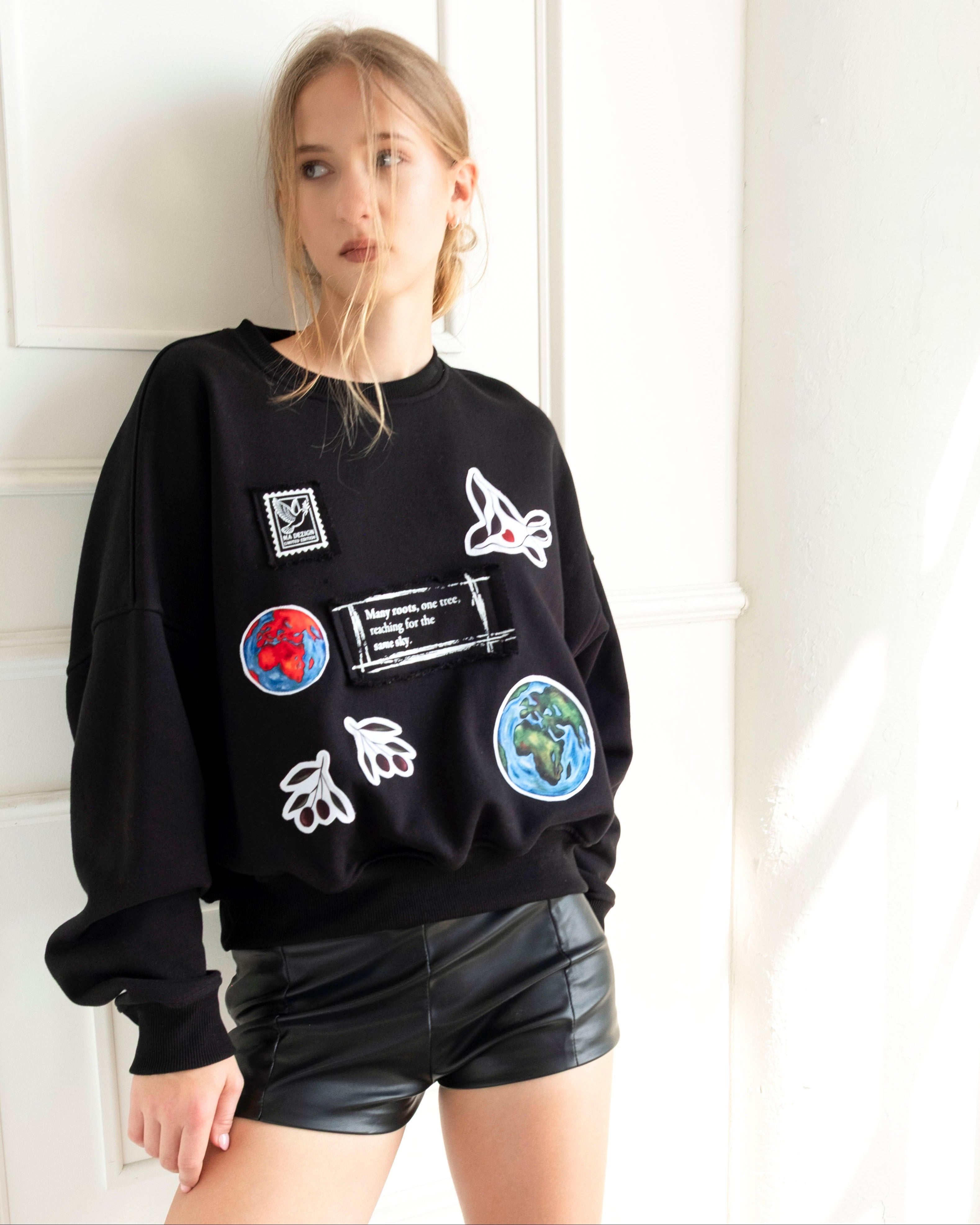 Unity World Cropped Crewneck with peace and Earth patchwork on 100% cotton French terry