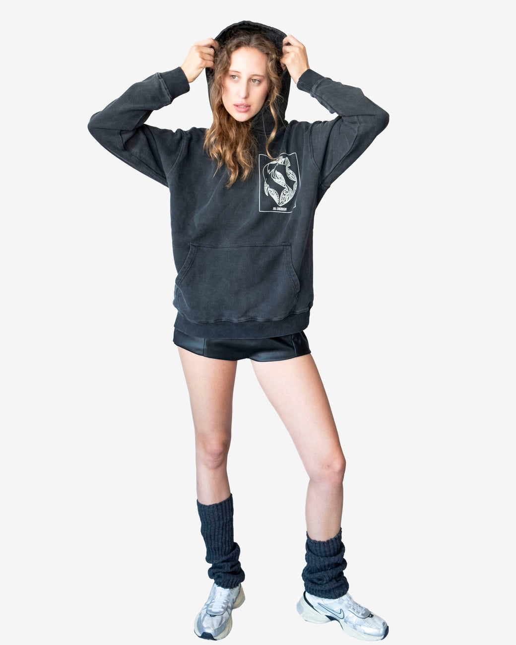 Stone-washed gray oversized hoodie with artistic graphic and front pocket made from heavyweight cotton French terry