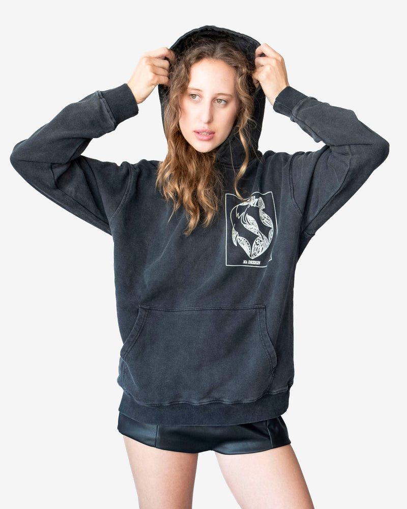 Stone-washed gray oversized hoodie with artistic graphic and front pocket made from heavyweight cotton French terry