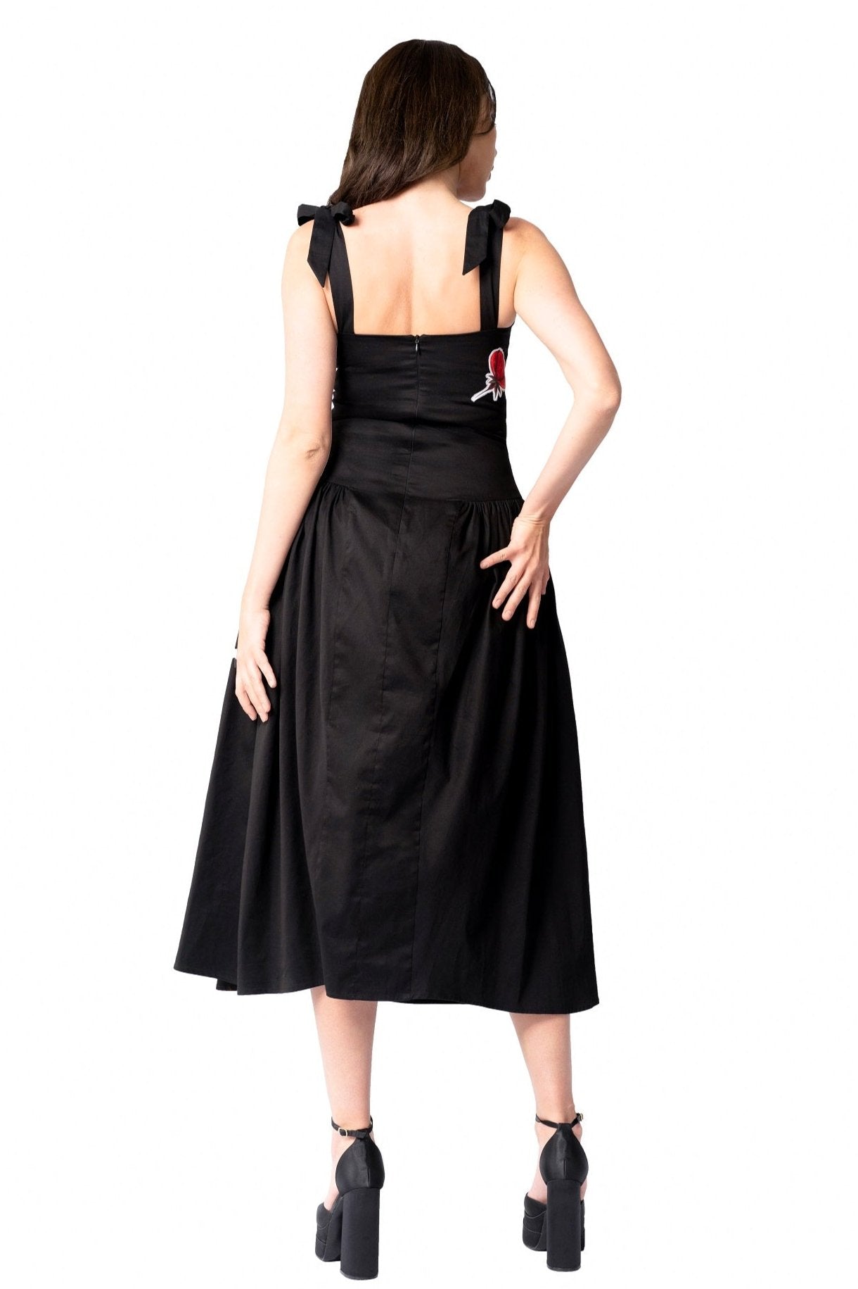Women Midi Dress- Peace Blossoms Elegant Floral Dress with red hand-painted flowers on black cotton twill fabric