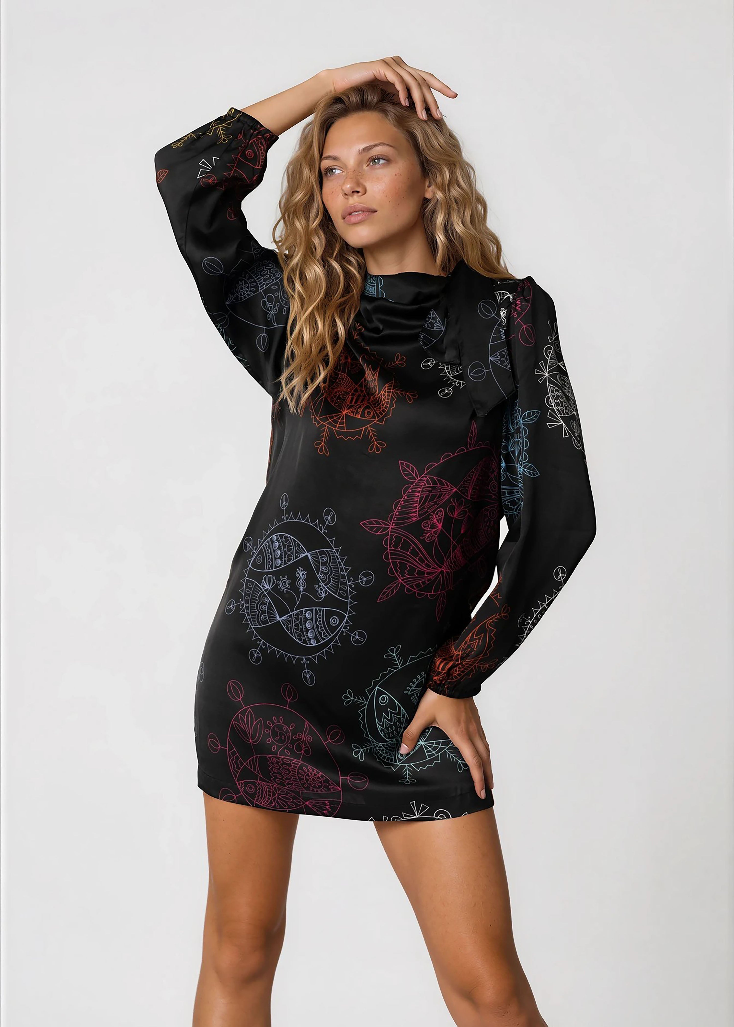 Elegant women's high neck mini dress with long bell sleeves and self-tie neck detail in midnight ocean pattern