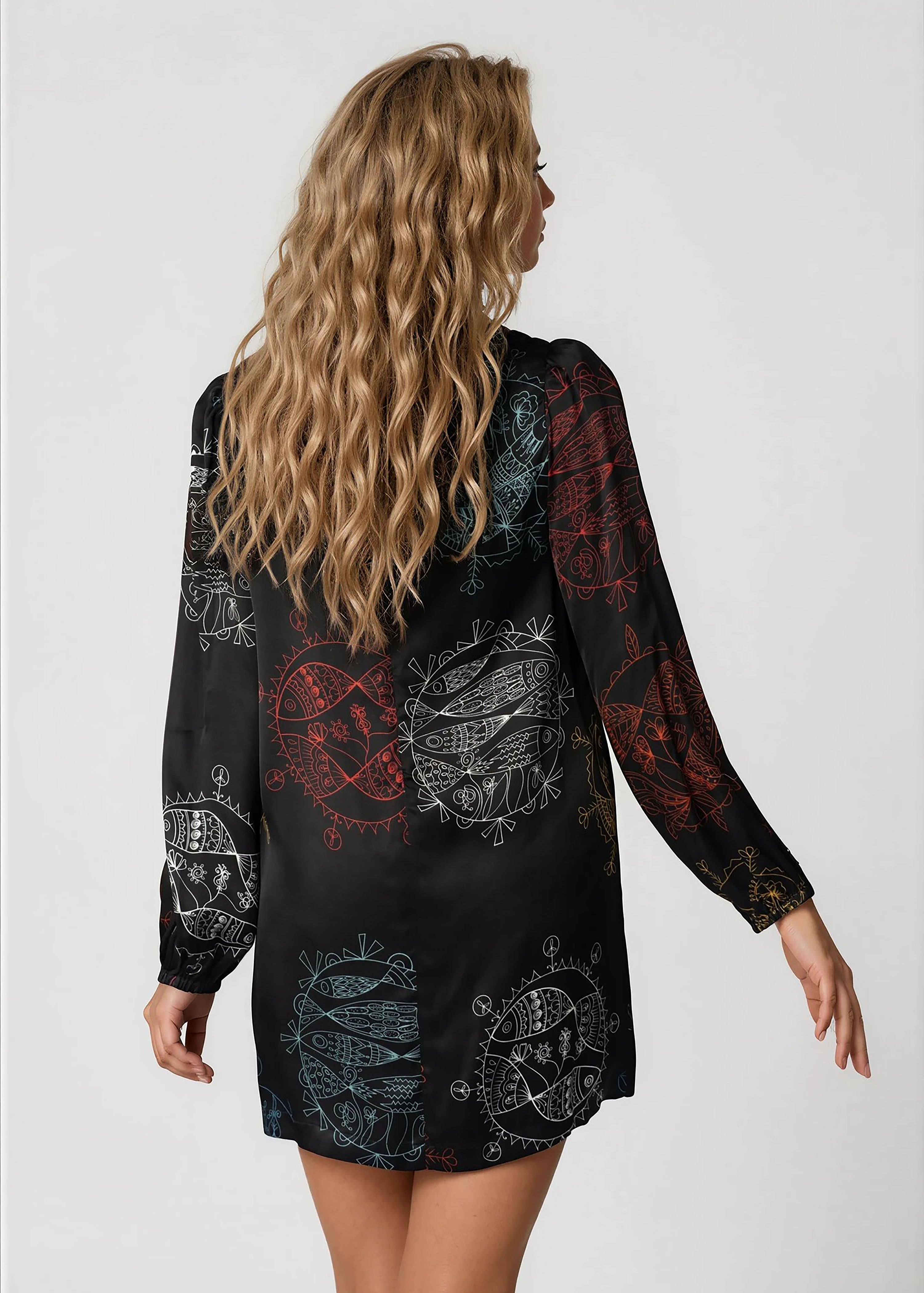 Woman wearing Women High Neck Mini Dress with long bell sleeves and self-tie detail