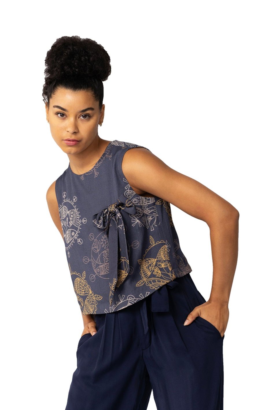 Women's Cropped sleeveless Bowtie Top- Midnight Dream