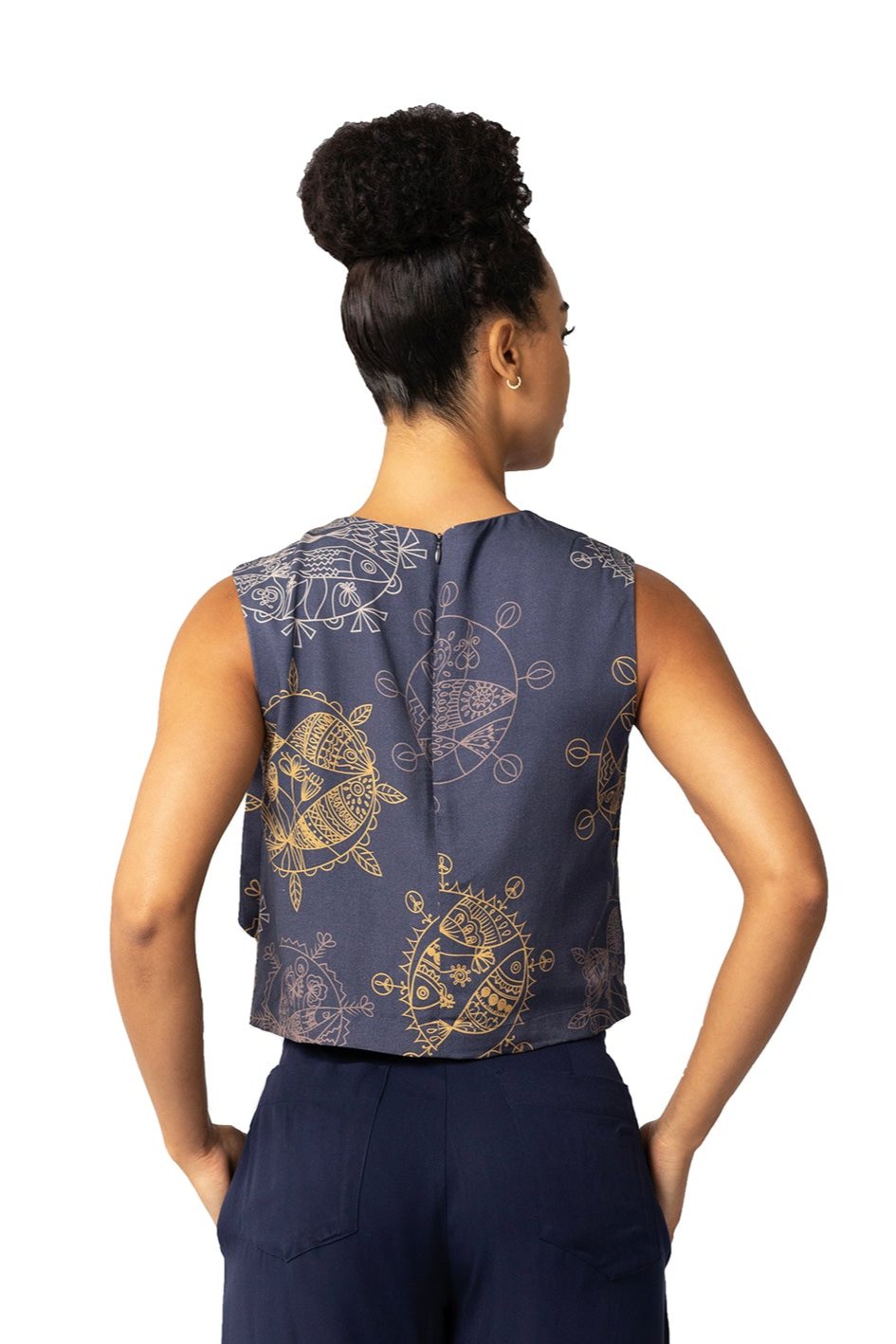 Women's Cropped sleeveless Bowtie Top- Midnight Dream