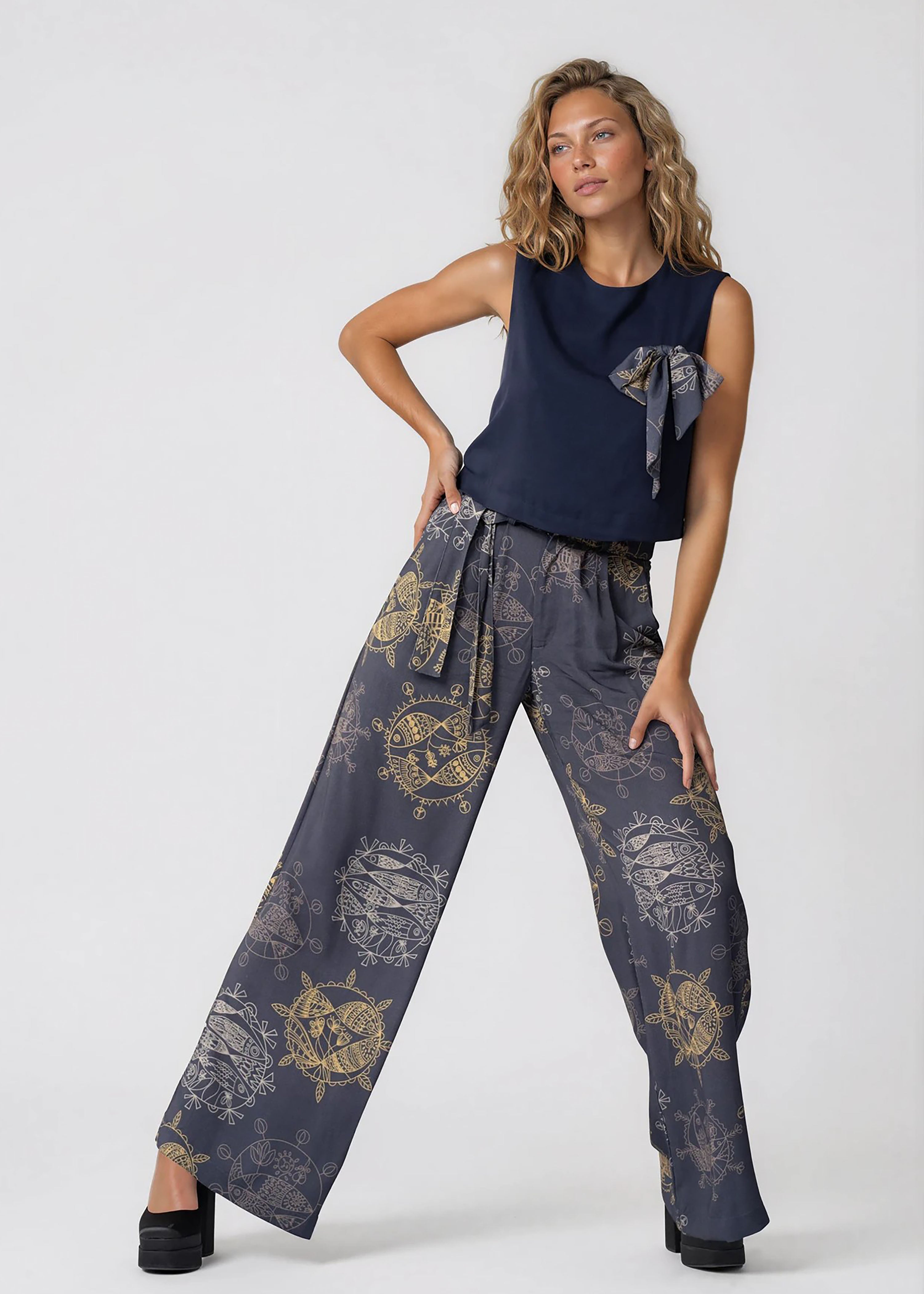 High-Waisted Wide Leg Pants – Midnight Ocean Print