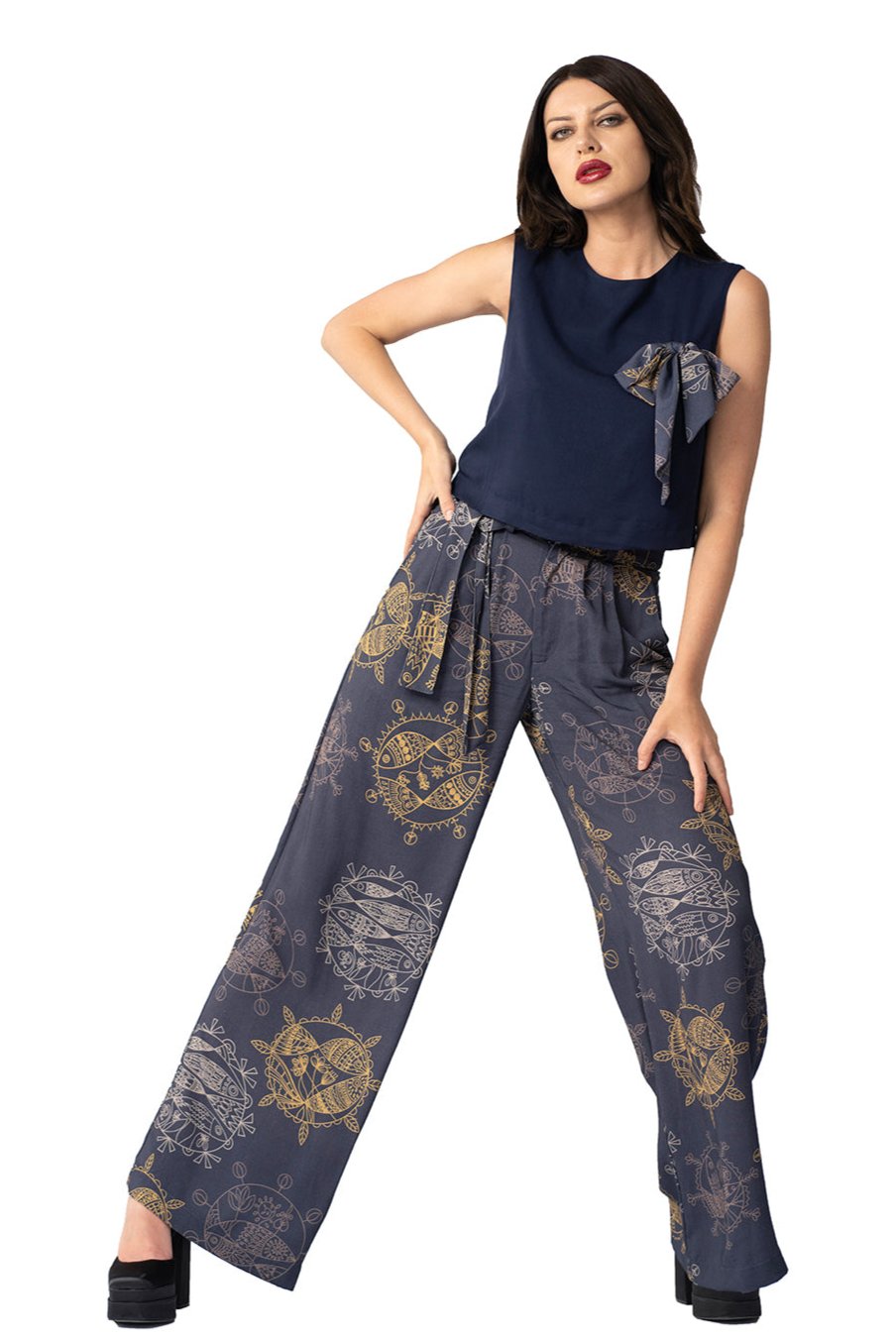 High-Waisted Wide Leg Pants – Midnight Ocean Print