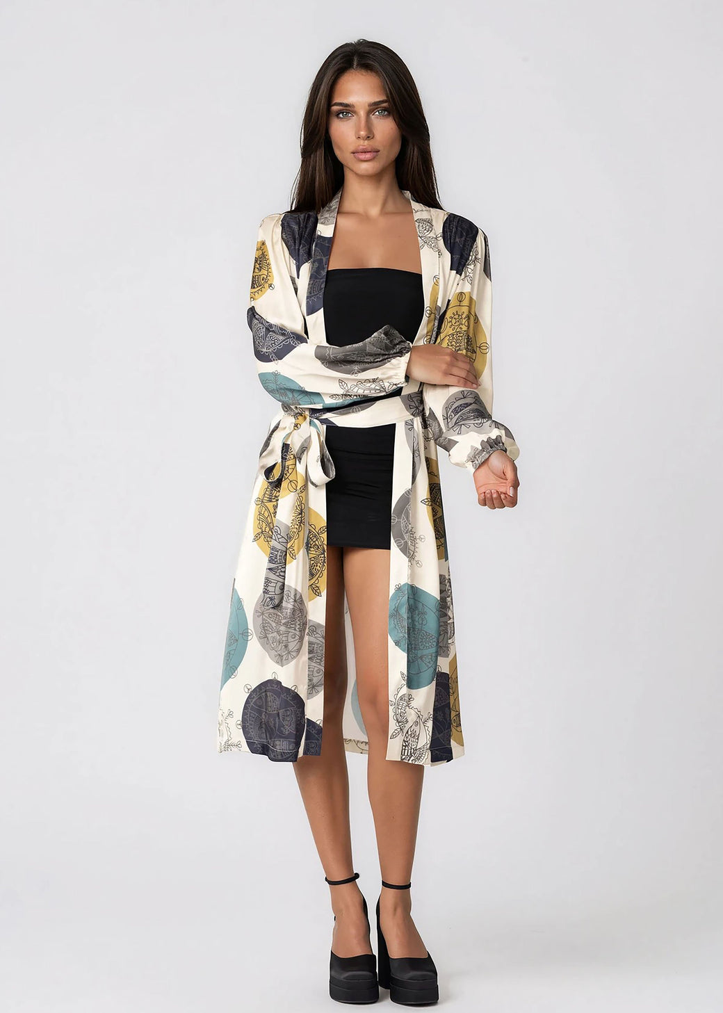 Woman wearing DAYLIGHT OCEAN DREAM midi kimono robe with shawl collar and bell sleeves