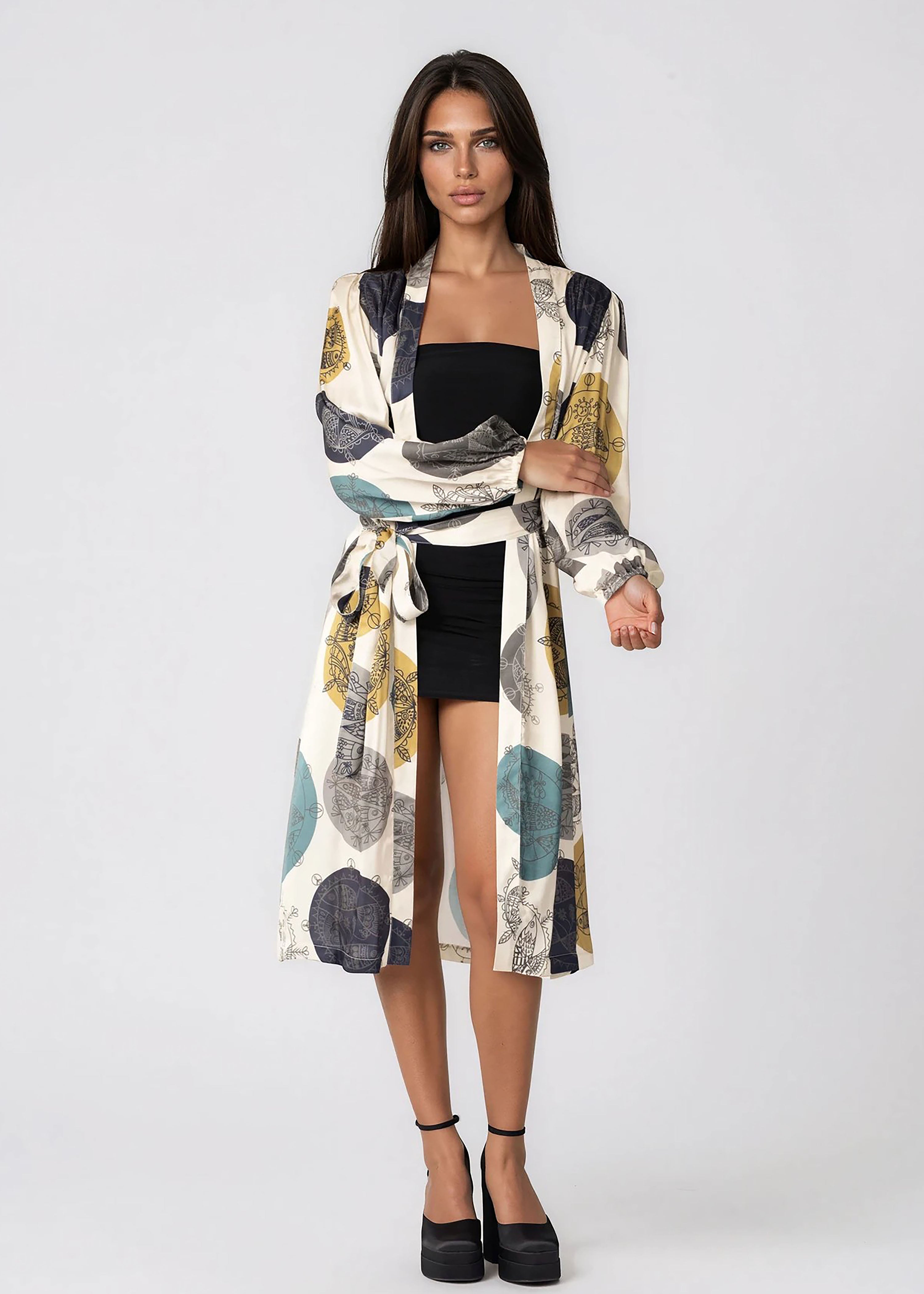 Woman wearing DAYLIGHT OCEAN DREAM midi kimono robe with shawl collar and bell sleeves
