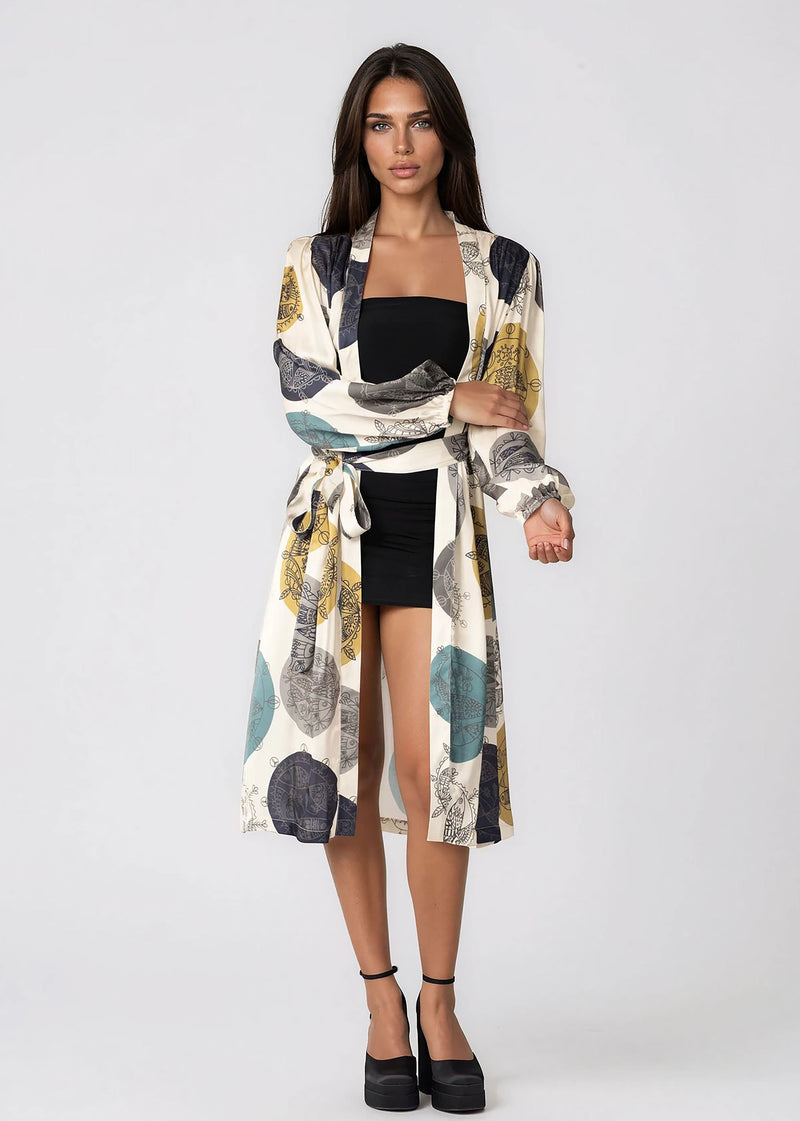 Woman wearing DAYLIGHT OCEAN DREAM midi kimono robe with shawl collar and bell sleeves
