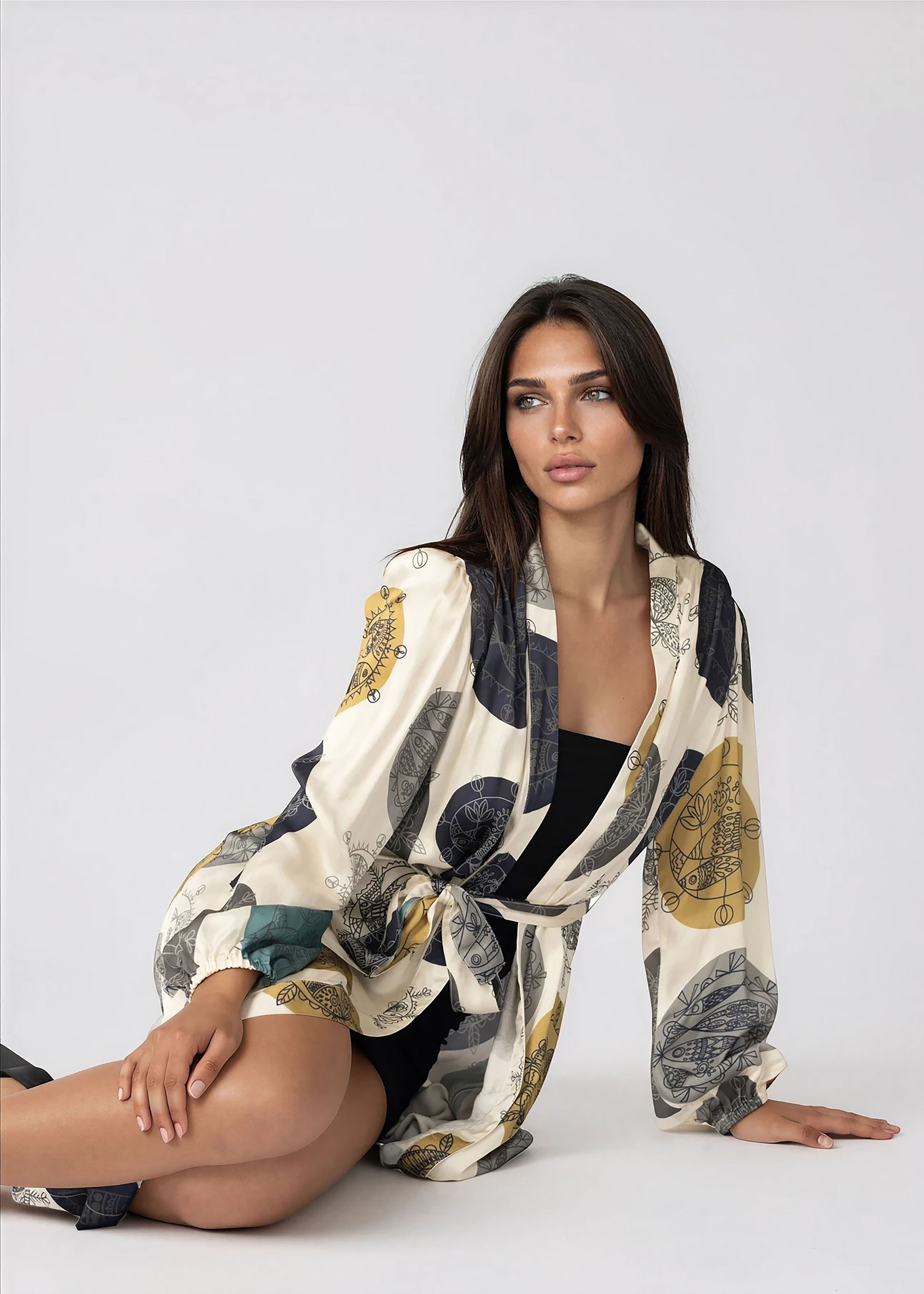 Women wearing Daylight Ocean Dream Women Midi Kimono Robe with shawl collar and long bell sleeves