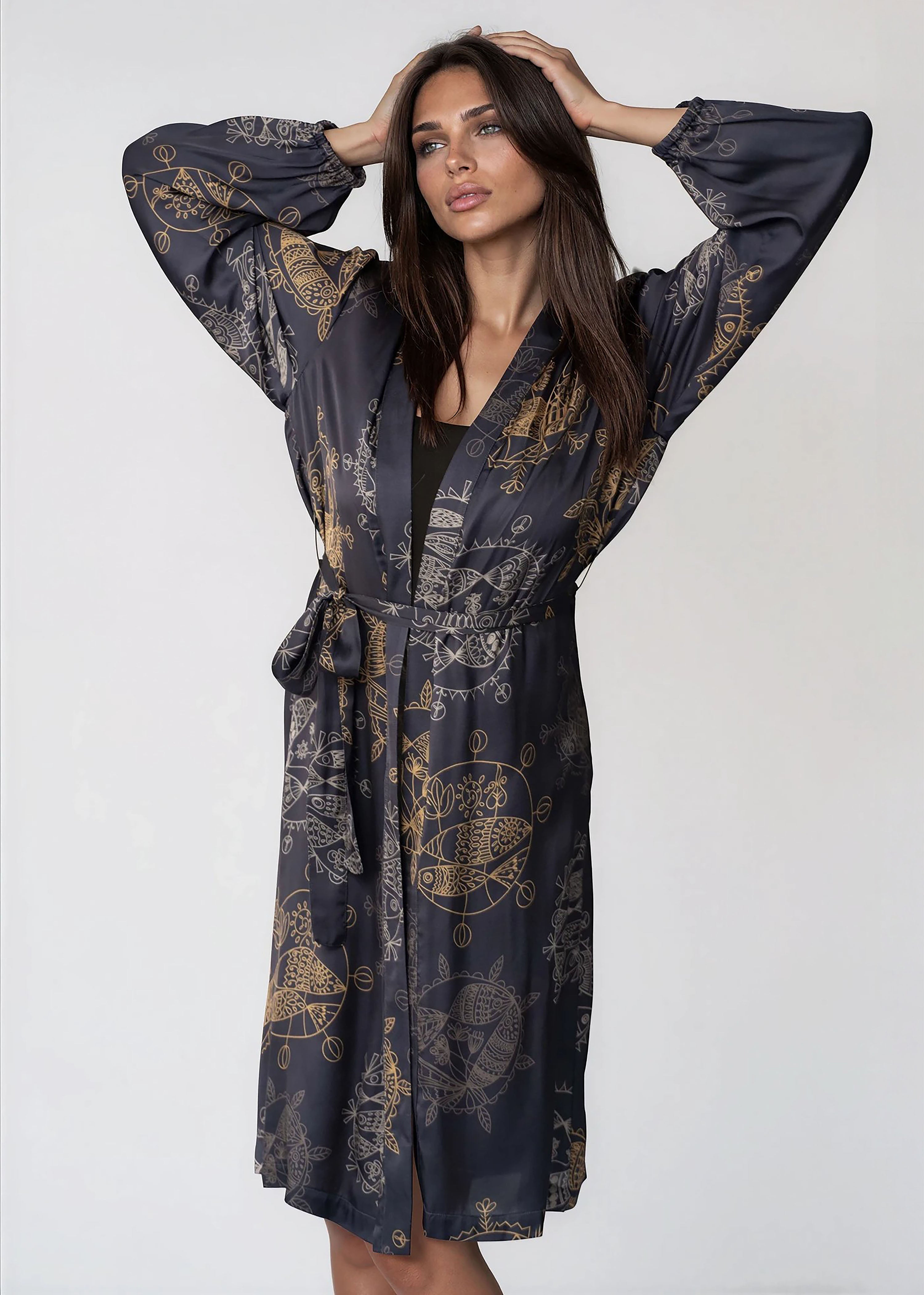 Women wearing Twilight Ocean Dream midi kimono robe with shawl collar and long bell sleeves