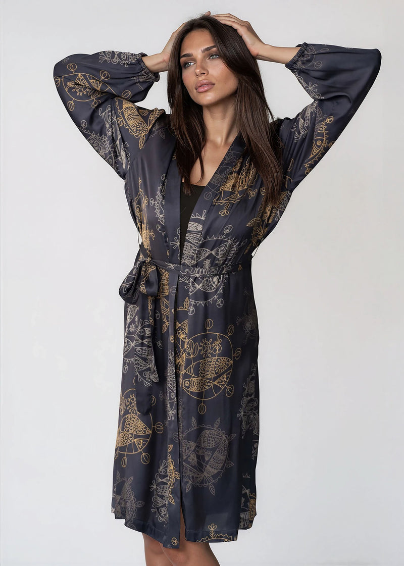 Women wearing Twilight Ocean Dream midi kimono robe with shawl collar and long bell sleeves