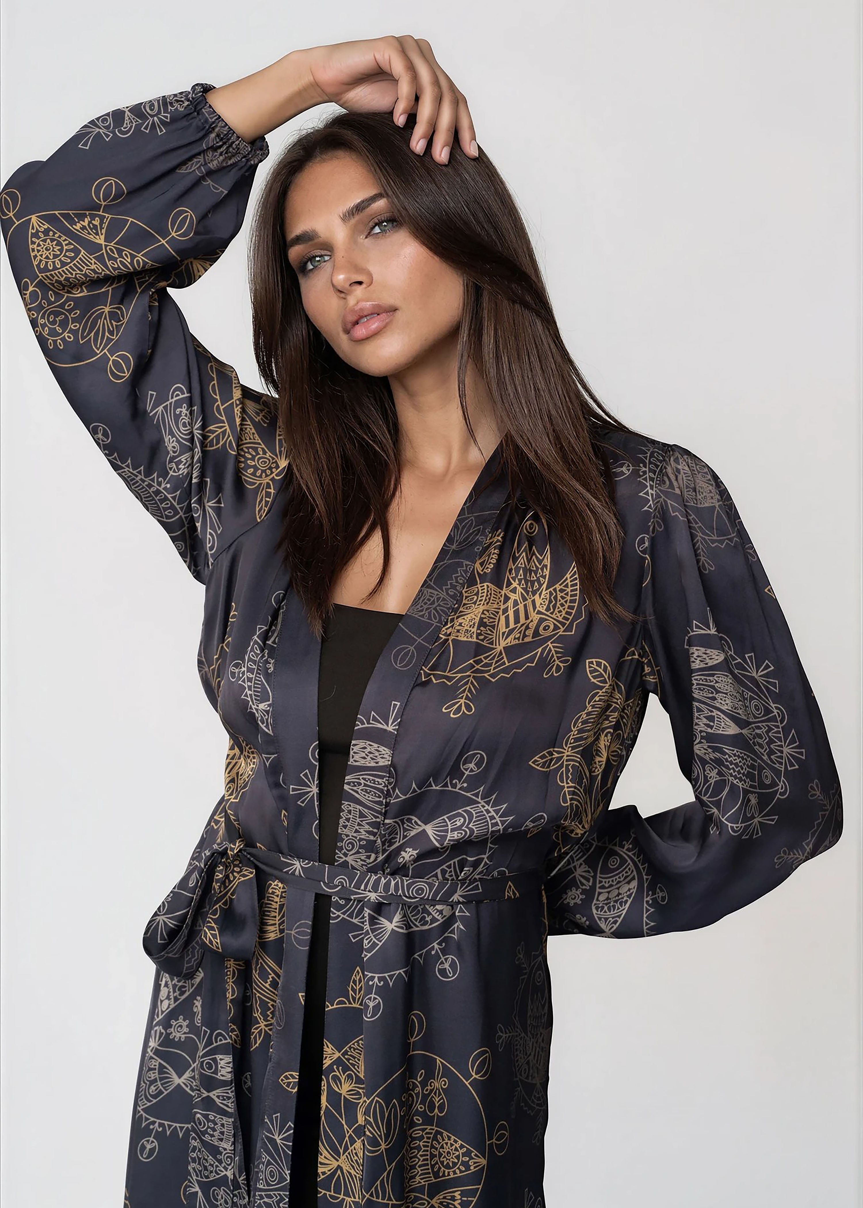 Women wearing Twilight Ocean Dream midi kimono robe with shawl collar and bell sleeves