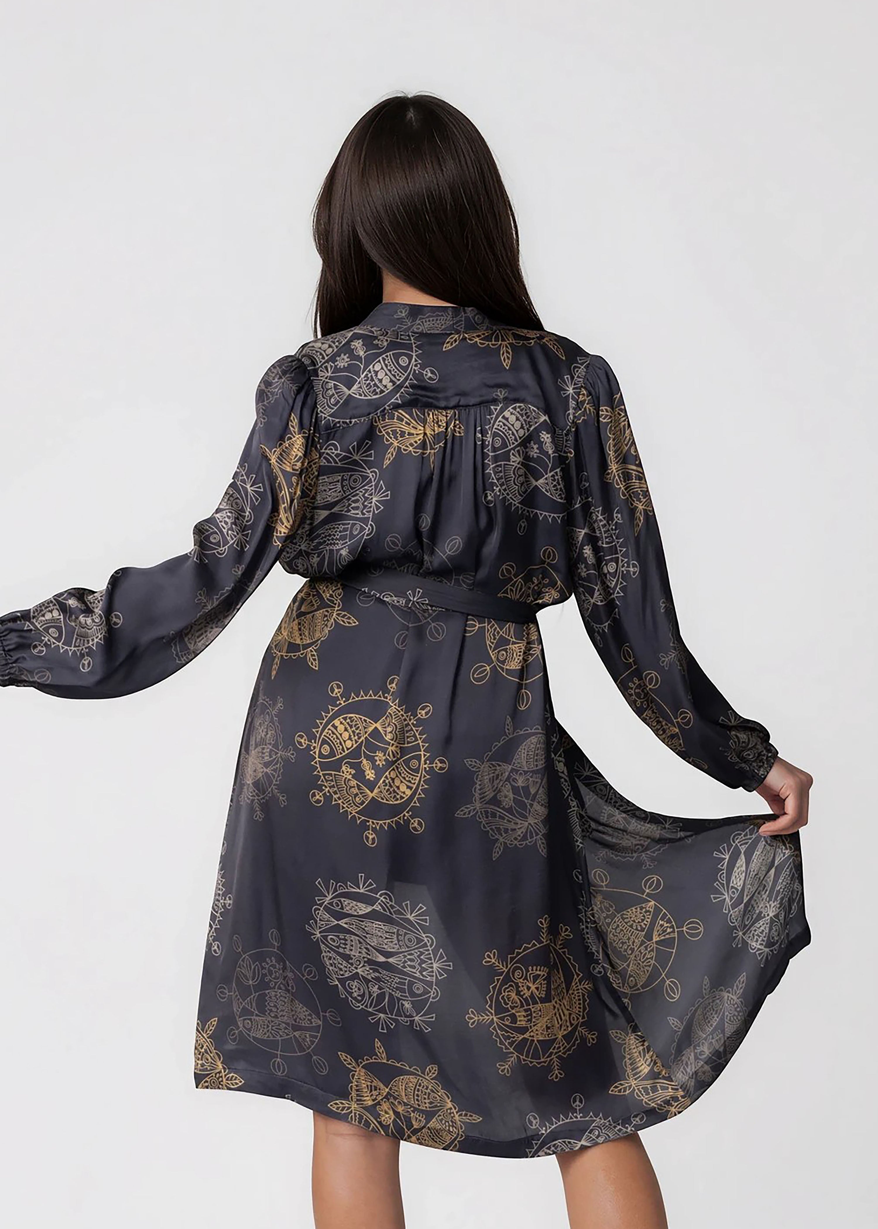 Women wearing Twilight Ocean Dream midi kimono robe with shawl collar and long bell sleeves