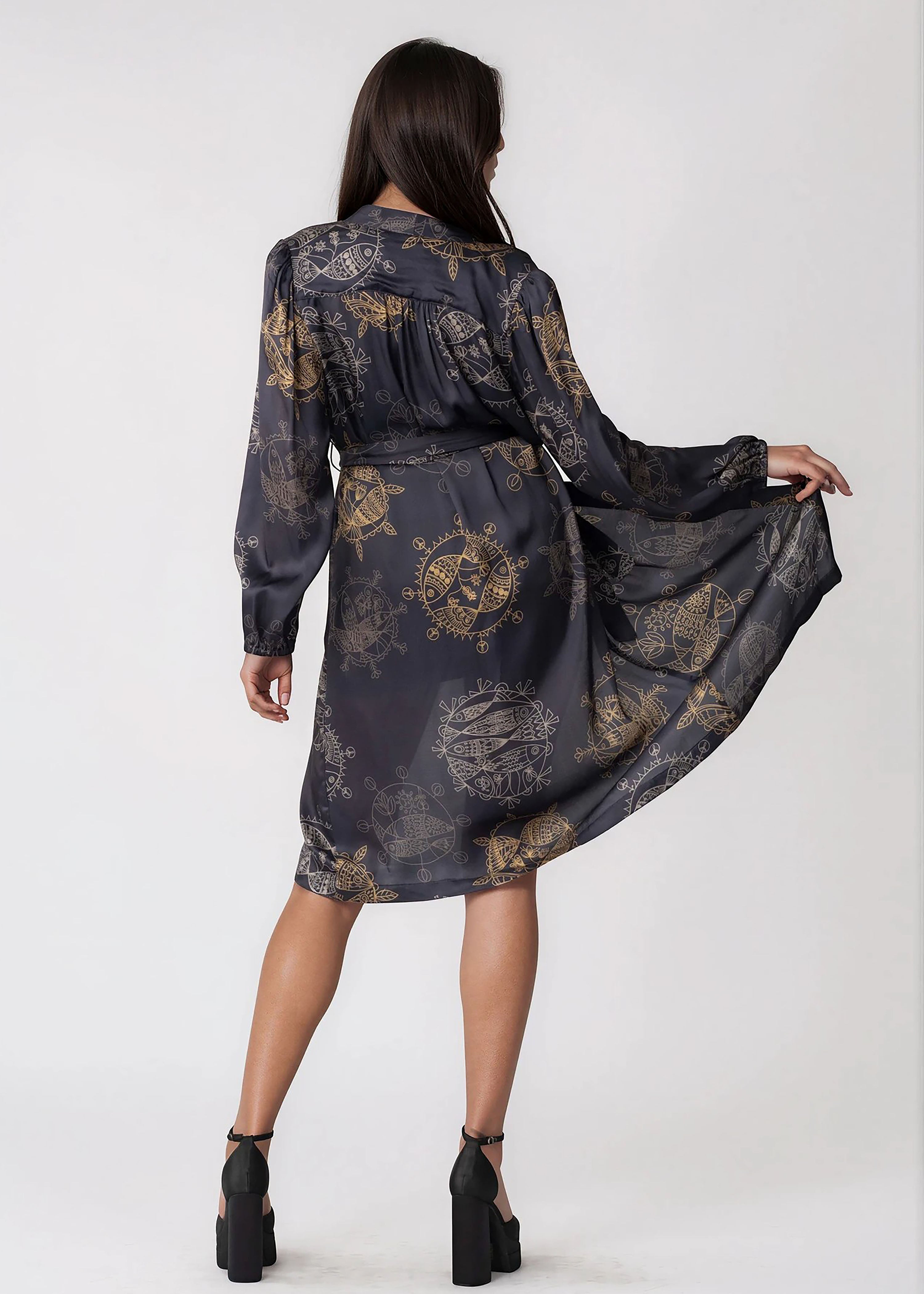Women midi kimono robe with shawl collar and long bell sleeves in Twilight Ocean Dream pattern