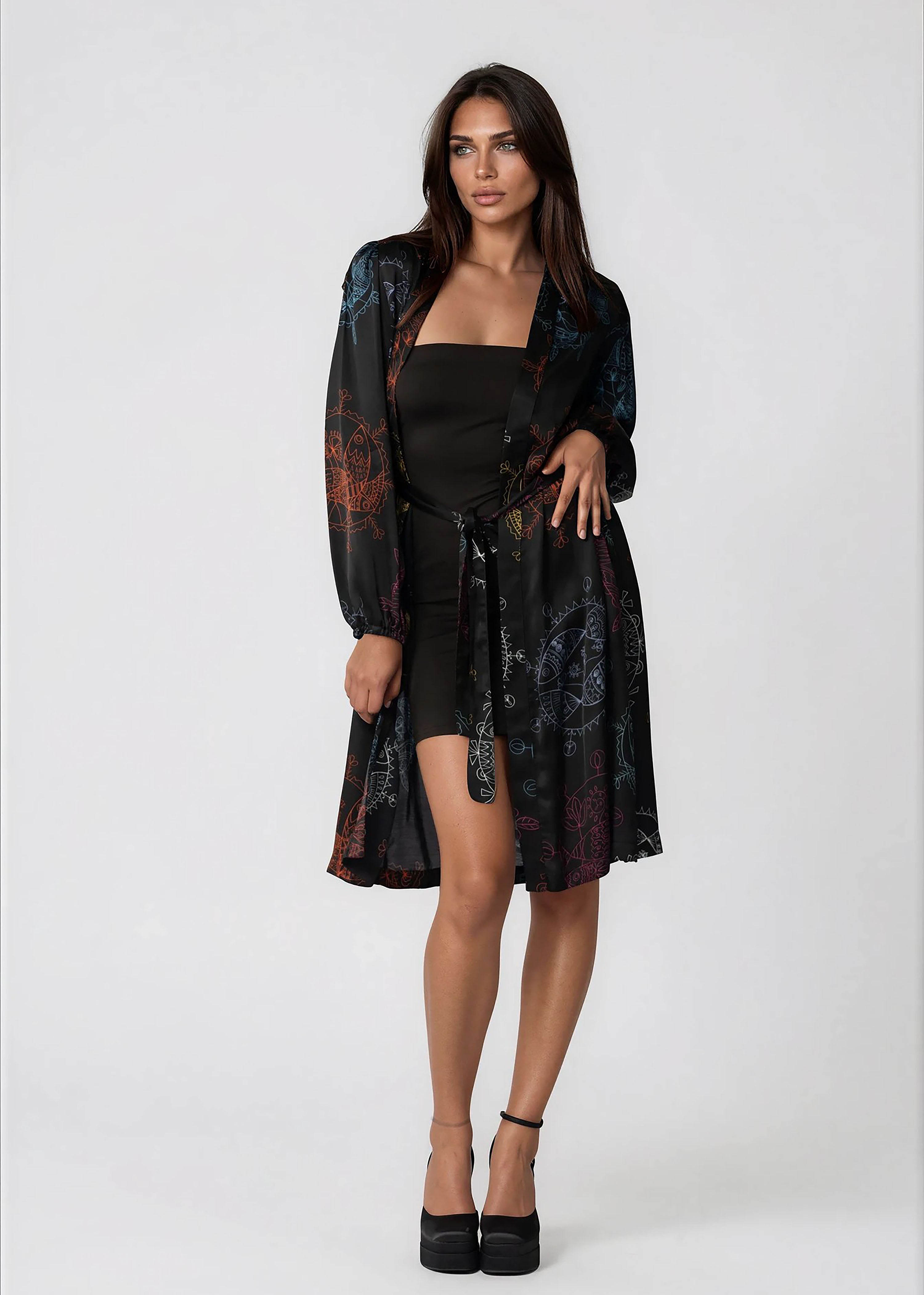 Woman wearing midnight ocean dream women midi kimono robe with shawl collar and bell sleeves