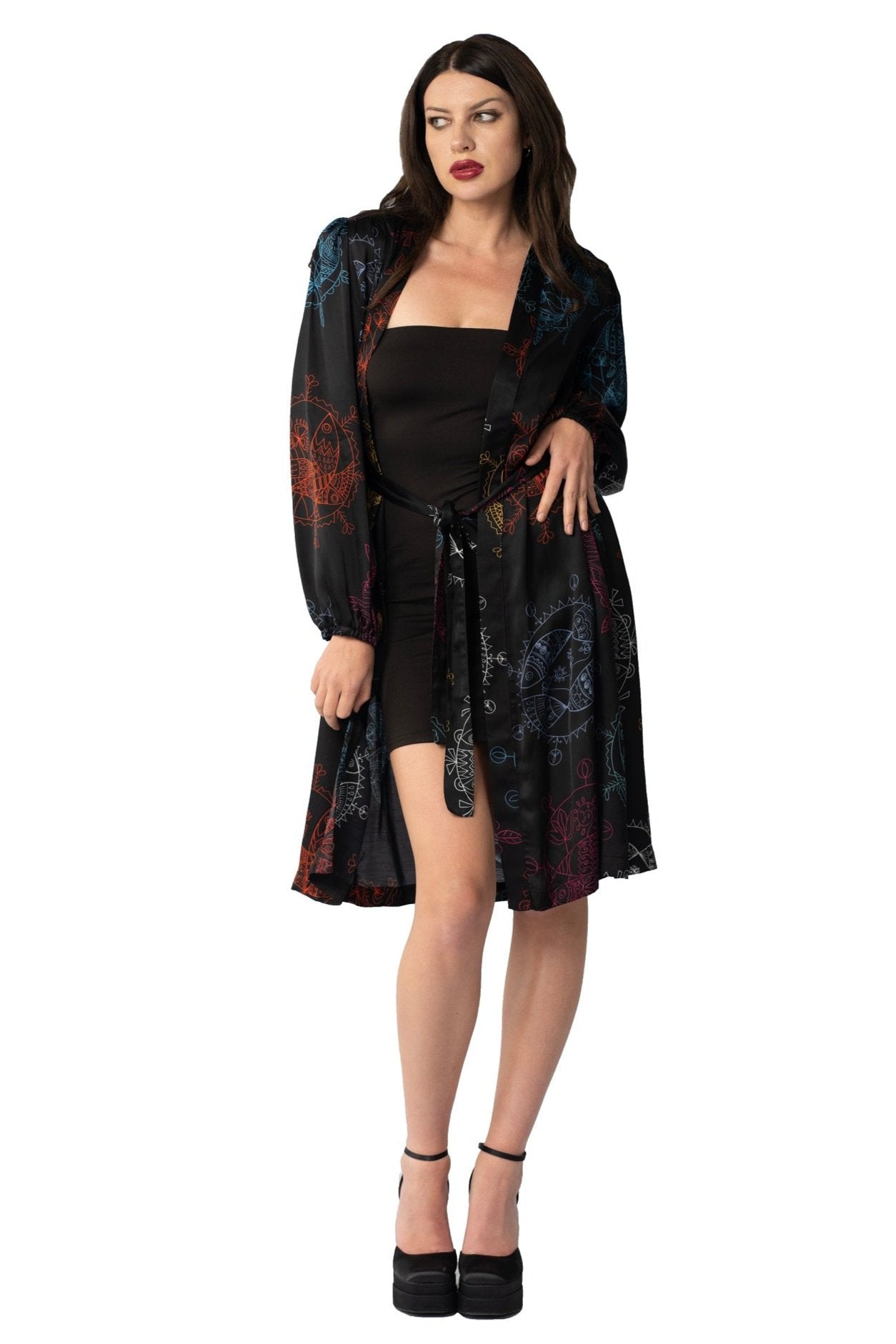 Women Midi Kimono Robe- Midnight Ocean Dream