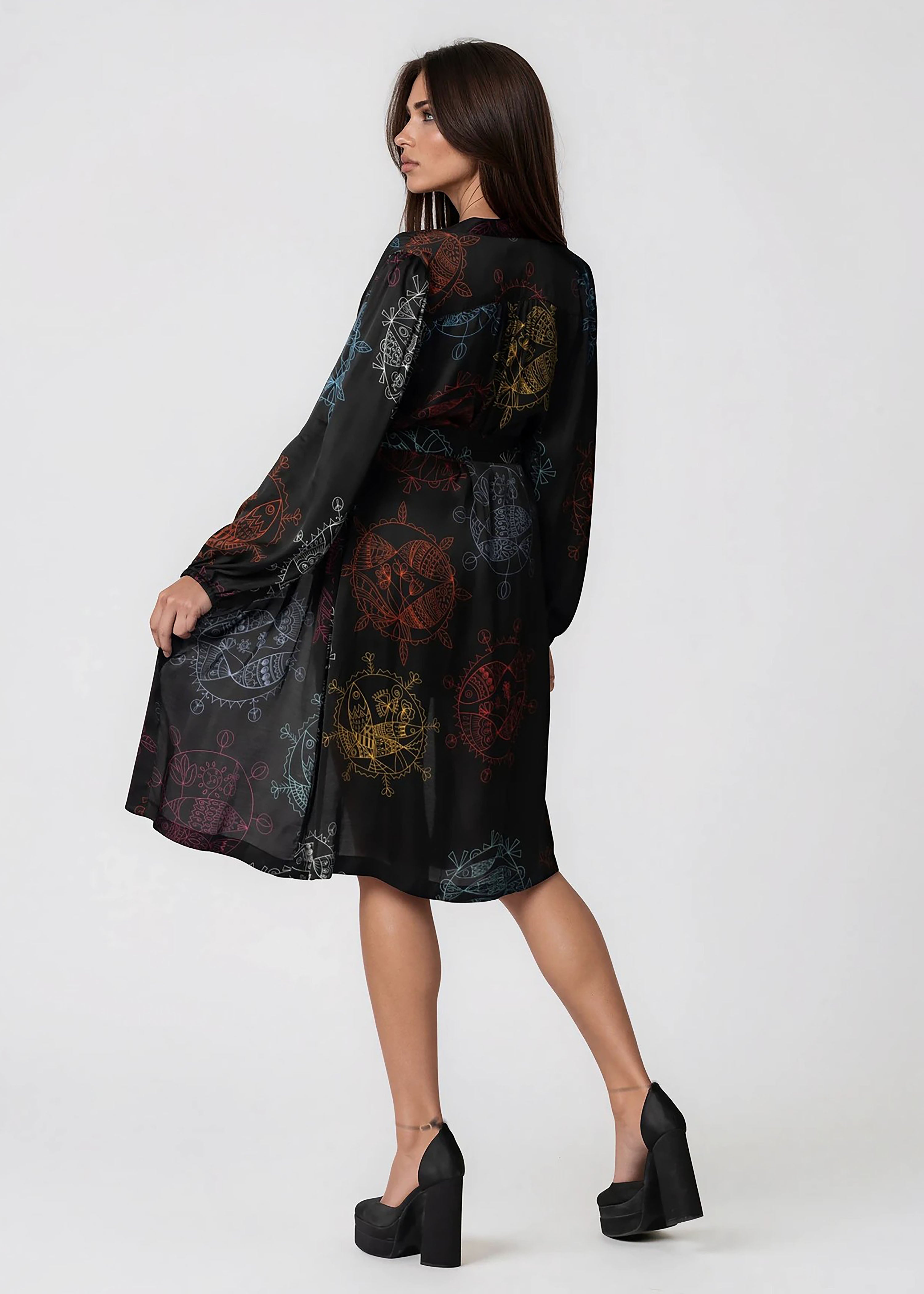Women wearing a midnight ocean dream Women Midi Kimono Robewith shawl collar and self-tie belt