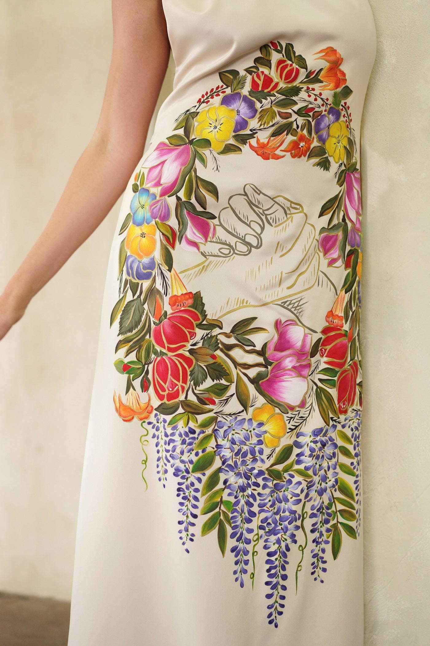Hand-painted Unity Garden dress in silk sateen, A-line maxi style with high neck, symbolizing unity and harmony.
