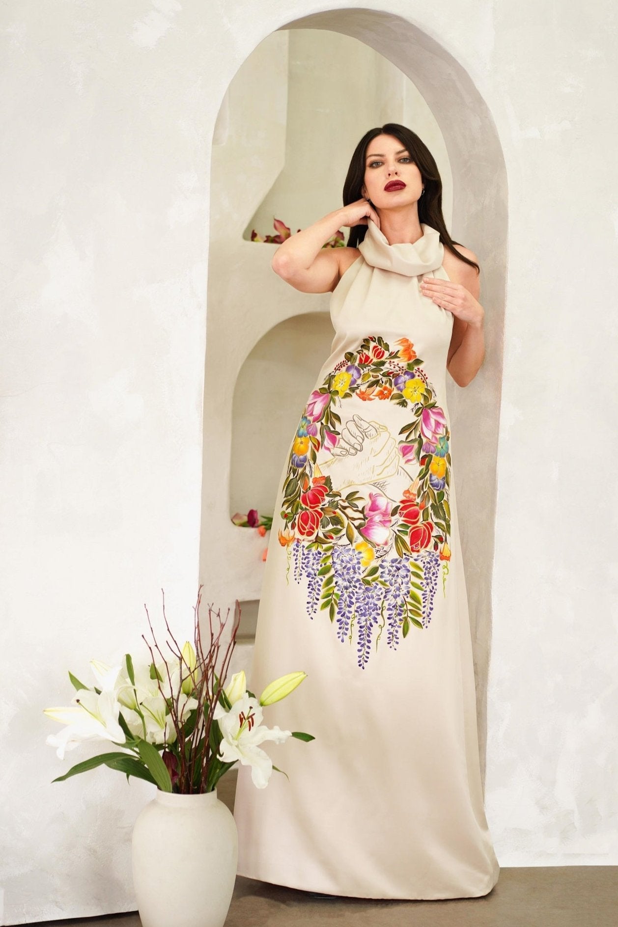 Hand painted Unity Garden dress in silk sateen with high neck and A-line style displayed on model