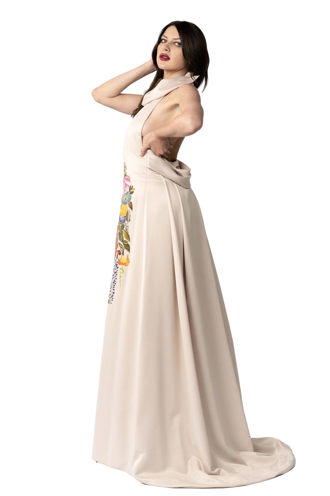 Woman wearing hand-painted Unity Garden dress maxi A-line silk sateen design